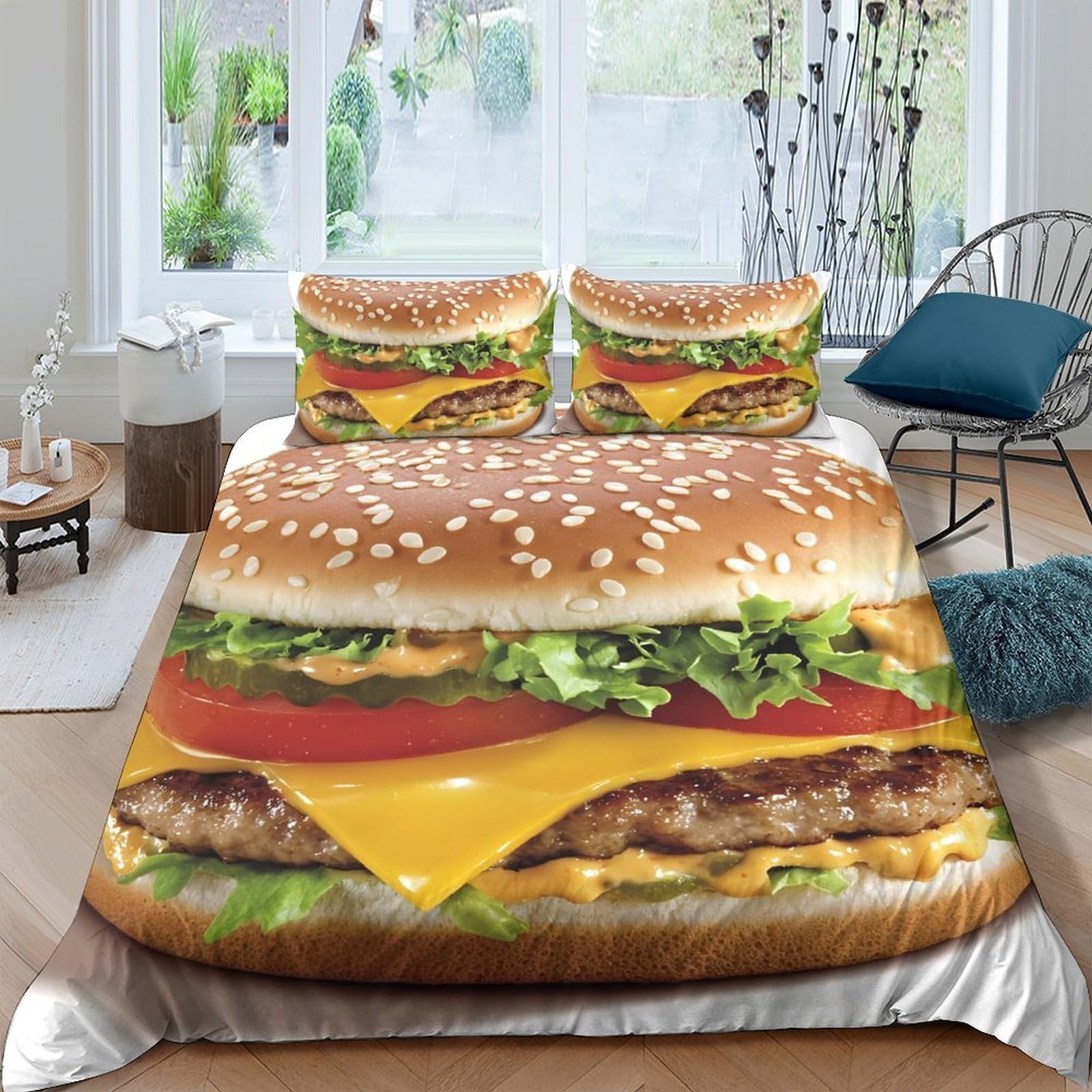 Ctjqhvkz Style-5 3D Printed Burger Sandwich Fitted Sheet Microfiber Soft Cheesy Beef Bed Cover For Bedroom Dorm Decor Protection Single（135X200cm）