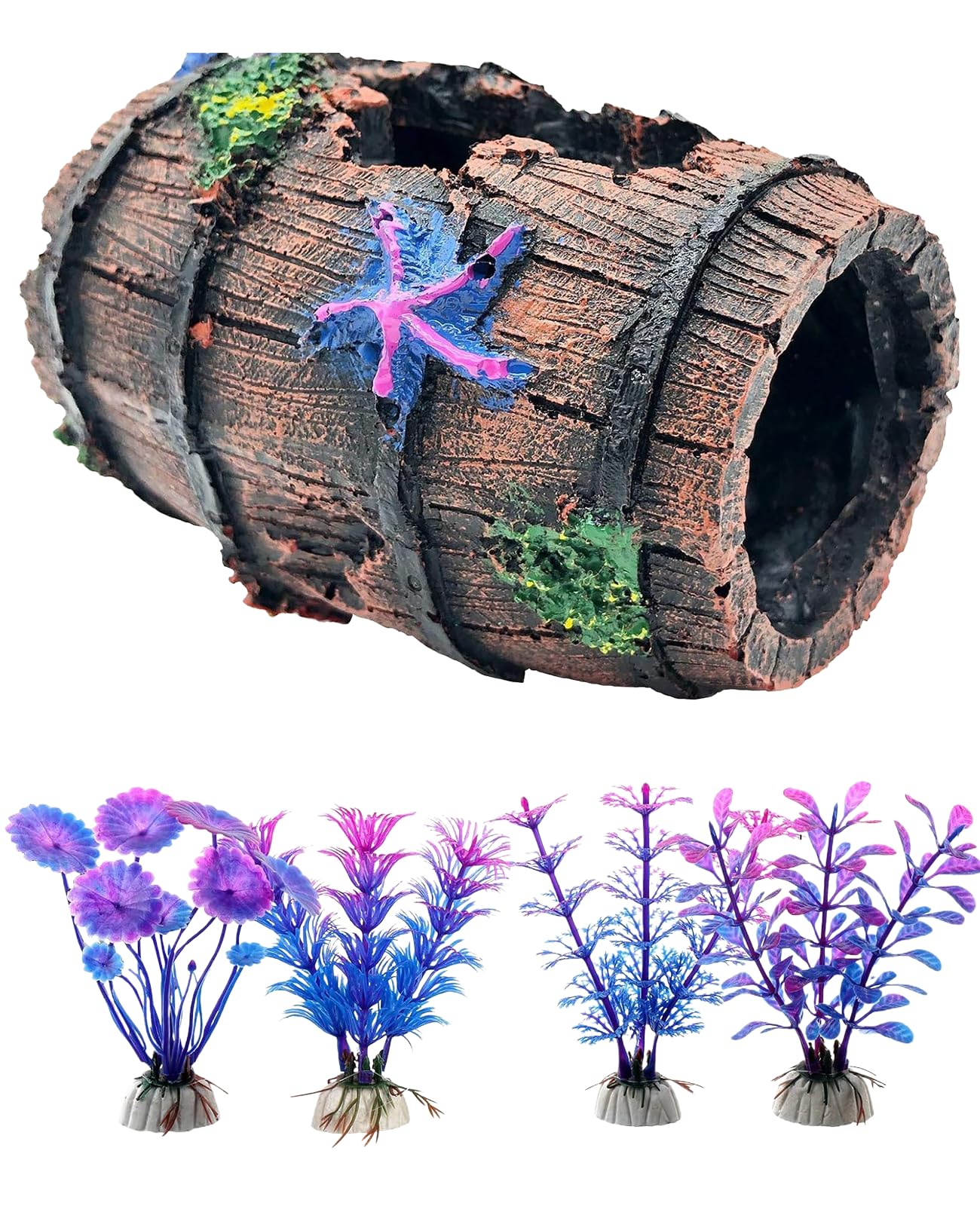Rudfovn Fish Tank Ornaments, Broken Starfish Barrel Fish Decorations Accessories with 4 Aquatic Plants for Aquarium Tanks Decor
