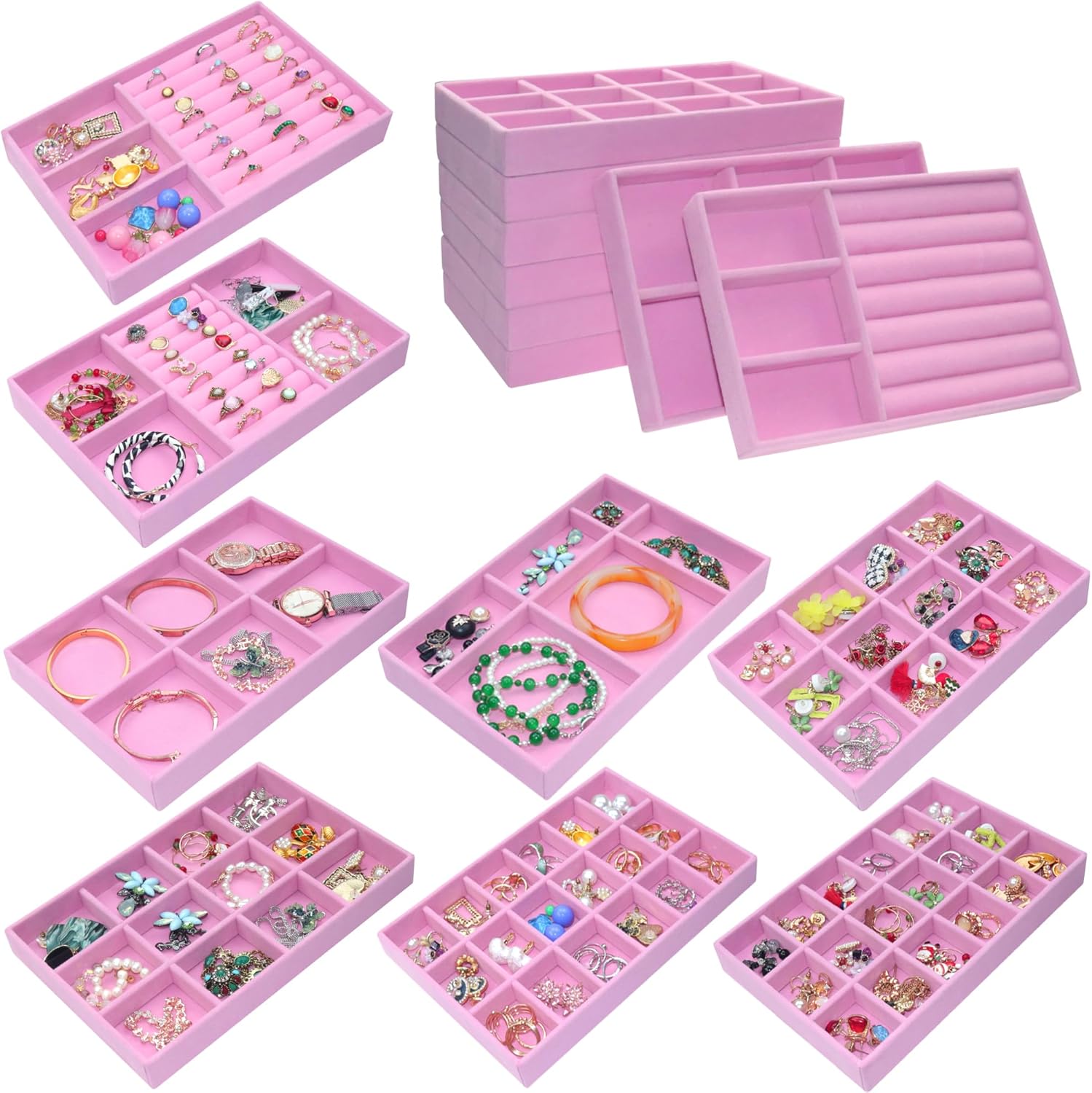 8 Stackable Jewelry Trays Organizer for Drawers Jewellry Storage Display Case for Earring Rings Necklace Bracelet Watch with Removable Dividers