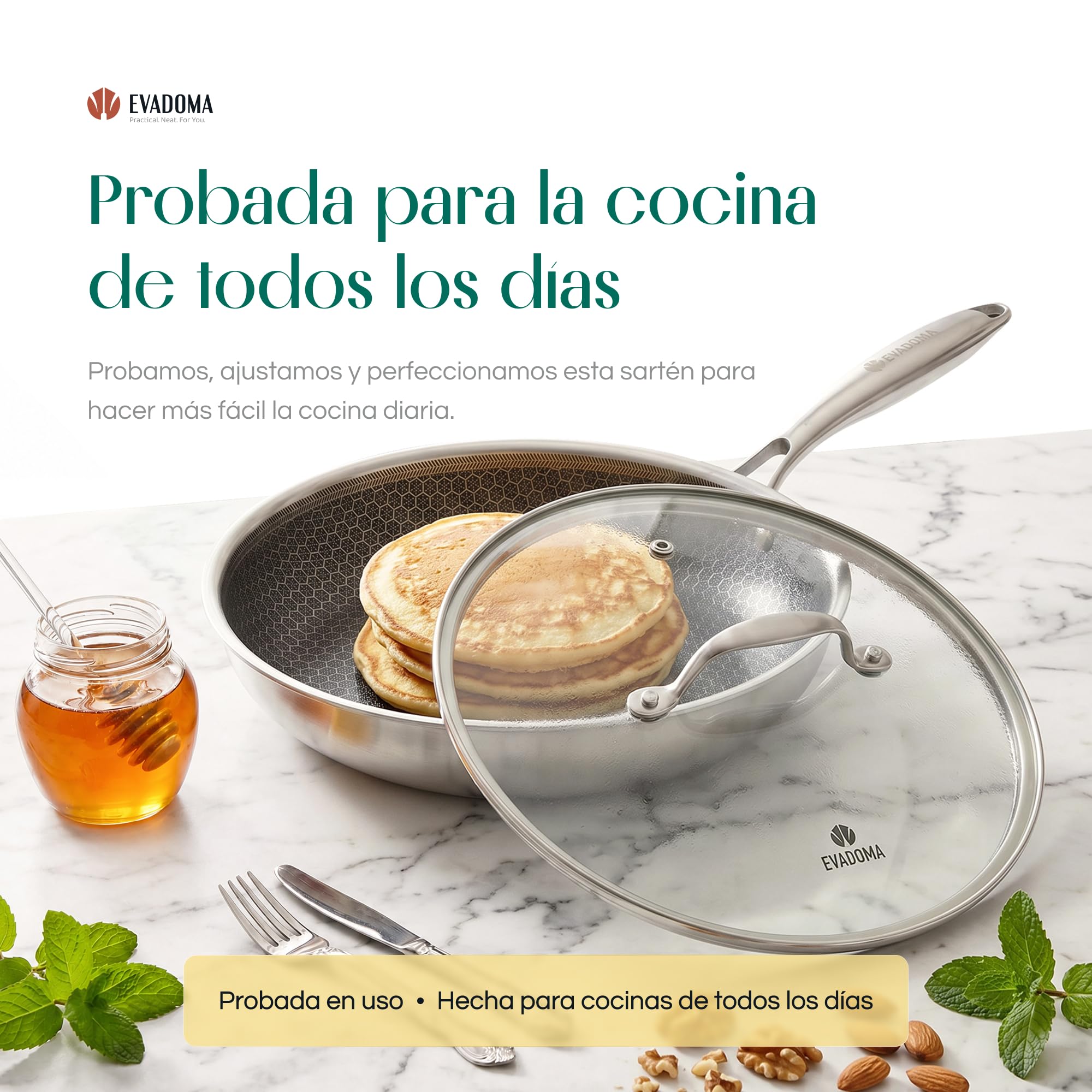 Sartén Antiadherente 24 cm con Tapa de Cristal | para Tortilla de Patatas, Huevos y Crepes | Apta para Todas las Cocinas y Horno | Acero Inoxidable Panal de Abeja | Sin PFOA