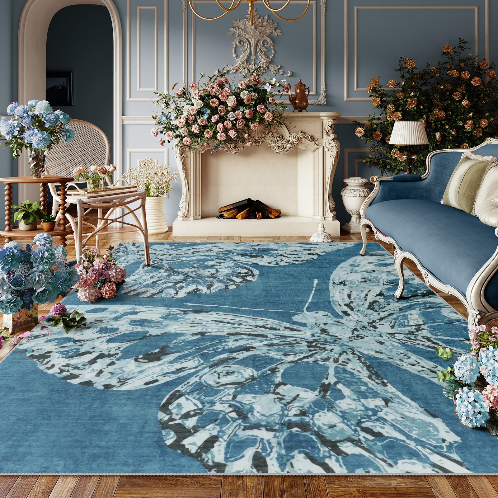 Lahome Butterfly 8x10 Blue Rug for Living Room, Stainproof Non-Slip Bug Rugs for Dining Room, Rubber Back Non-Shedding Washable Insect Carpet for Playroom Bedroom 8' x 10' Blue