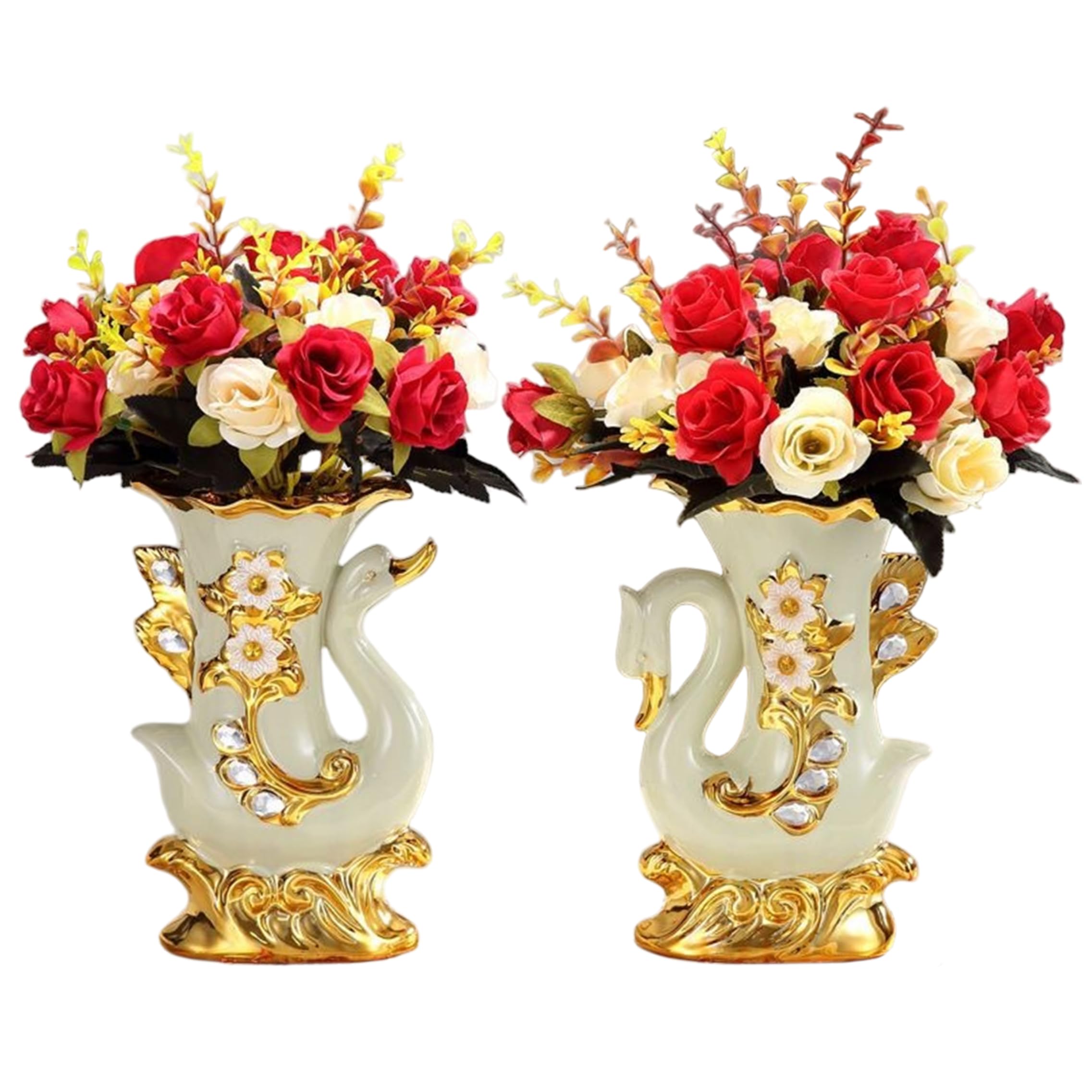 PithCogent Swan Vase, 2 Pack Swan Vase, Elegant Roses Faux Flowers in Rhinestone Gold Decor for Home & Event Centerpieces