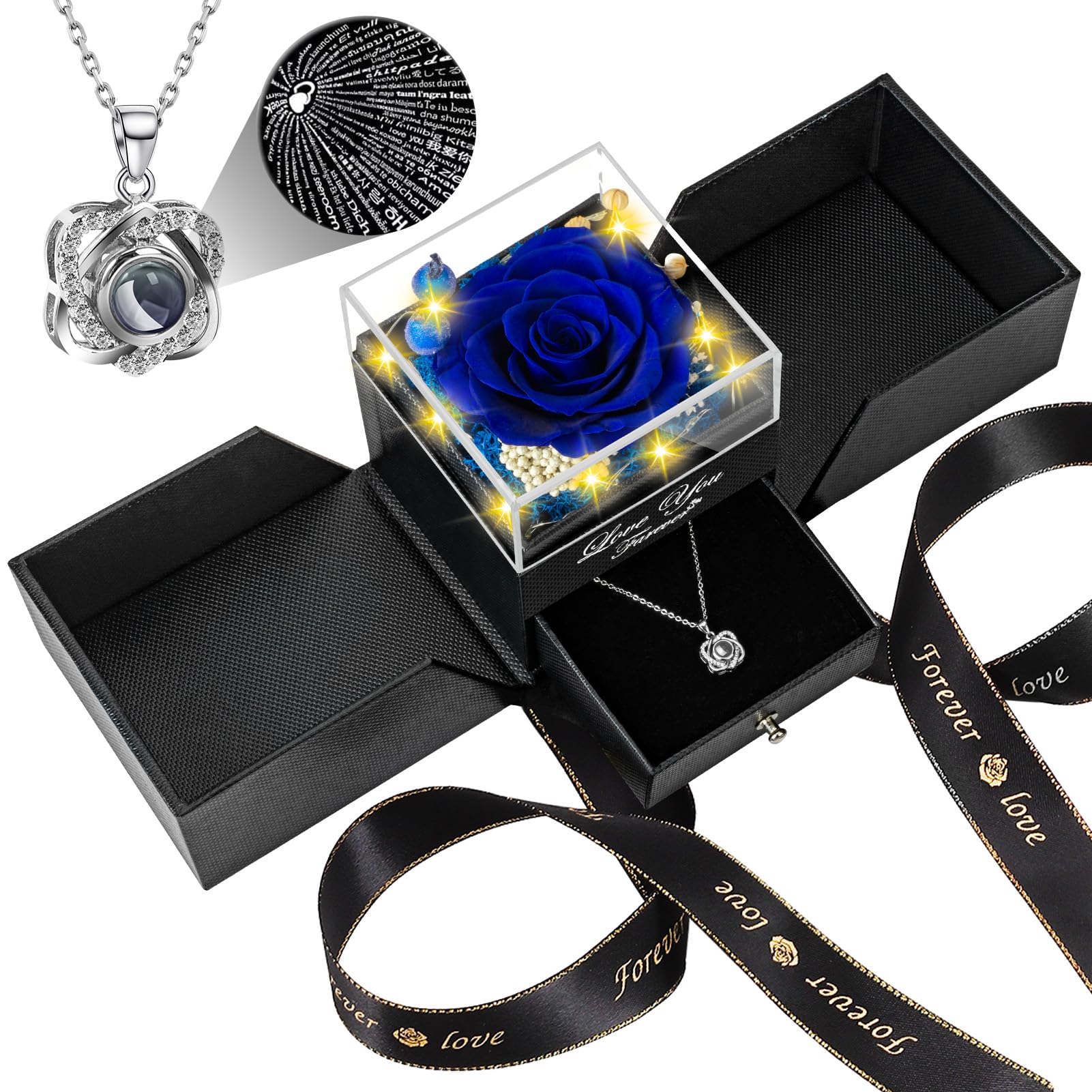 Lebana Preserved Real Blue Rose Birthday Gifts for Women Wife Her Mum Girlfriend Girls Grandma with I Love You Heart Necklace Eternal Rose Flowers on Valentine's Day Mothers Day Christmas Anniversary