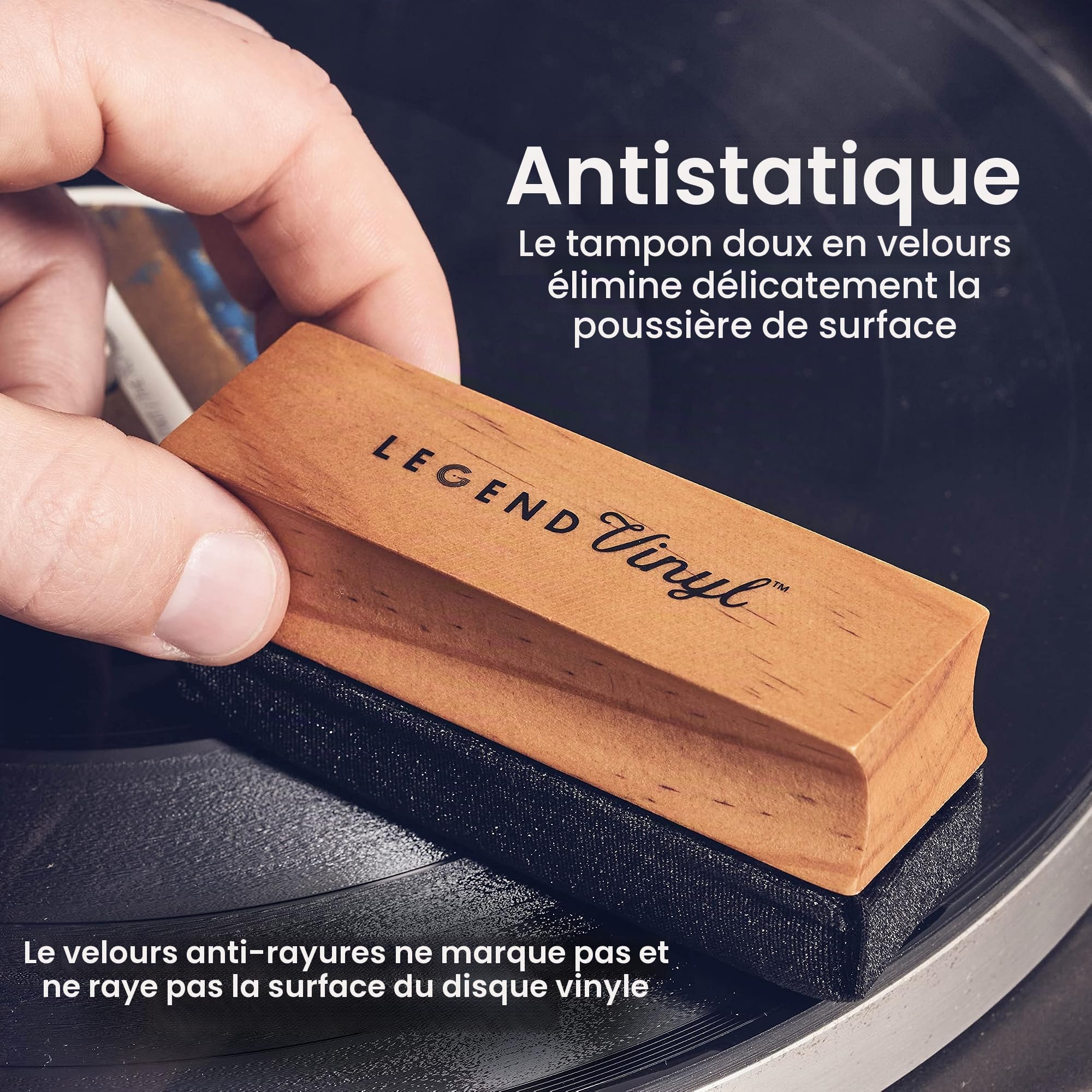 Brosse de nettoyage en vinyle avec manche en bois Antistatique pour un son optimal Longue durée sans plastique Noir LV3