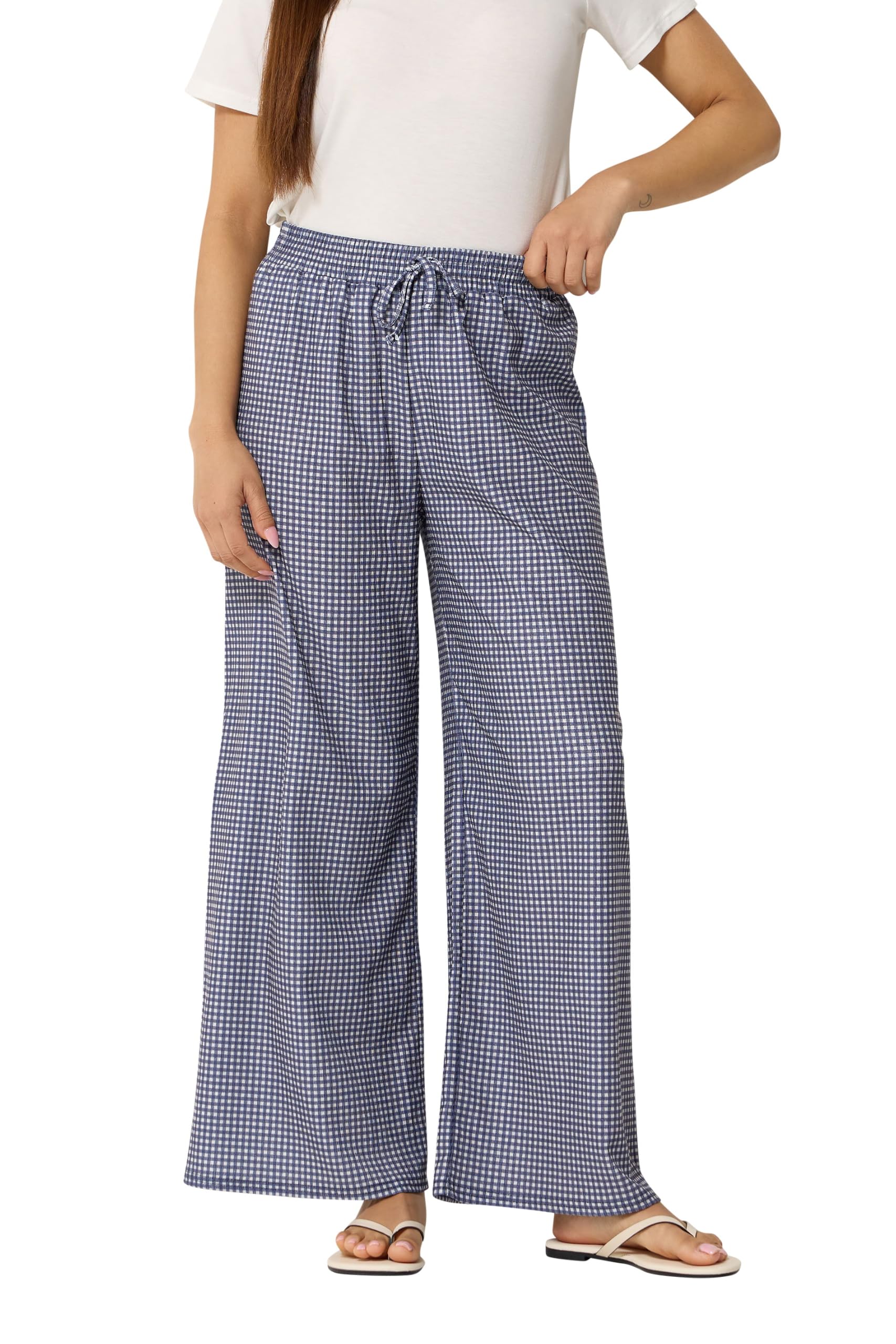 M&Co Women's Dark Blue Petite Blue Check Wide Leg Trousers