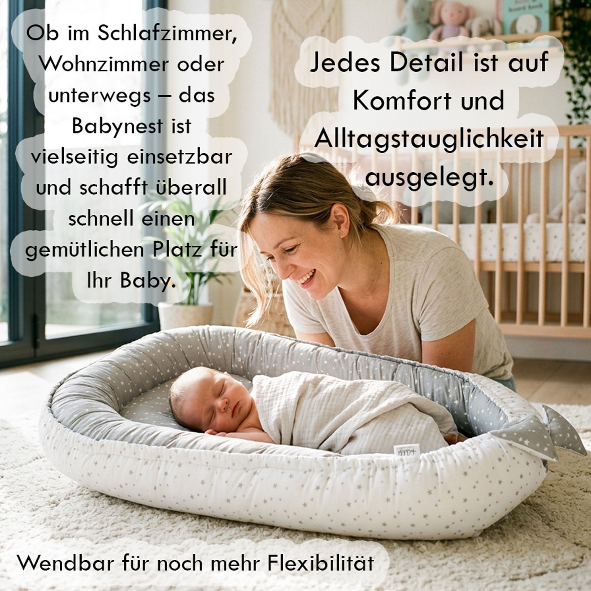 PaLulli Babynest Babynestchen 50x90 cm Babykokon, 2seitig, 100% Baumwolle, Nestchen für Babybett, Kuschelnest, Kissen, Reisebett für Baby und Säuglinge (Sterne F)