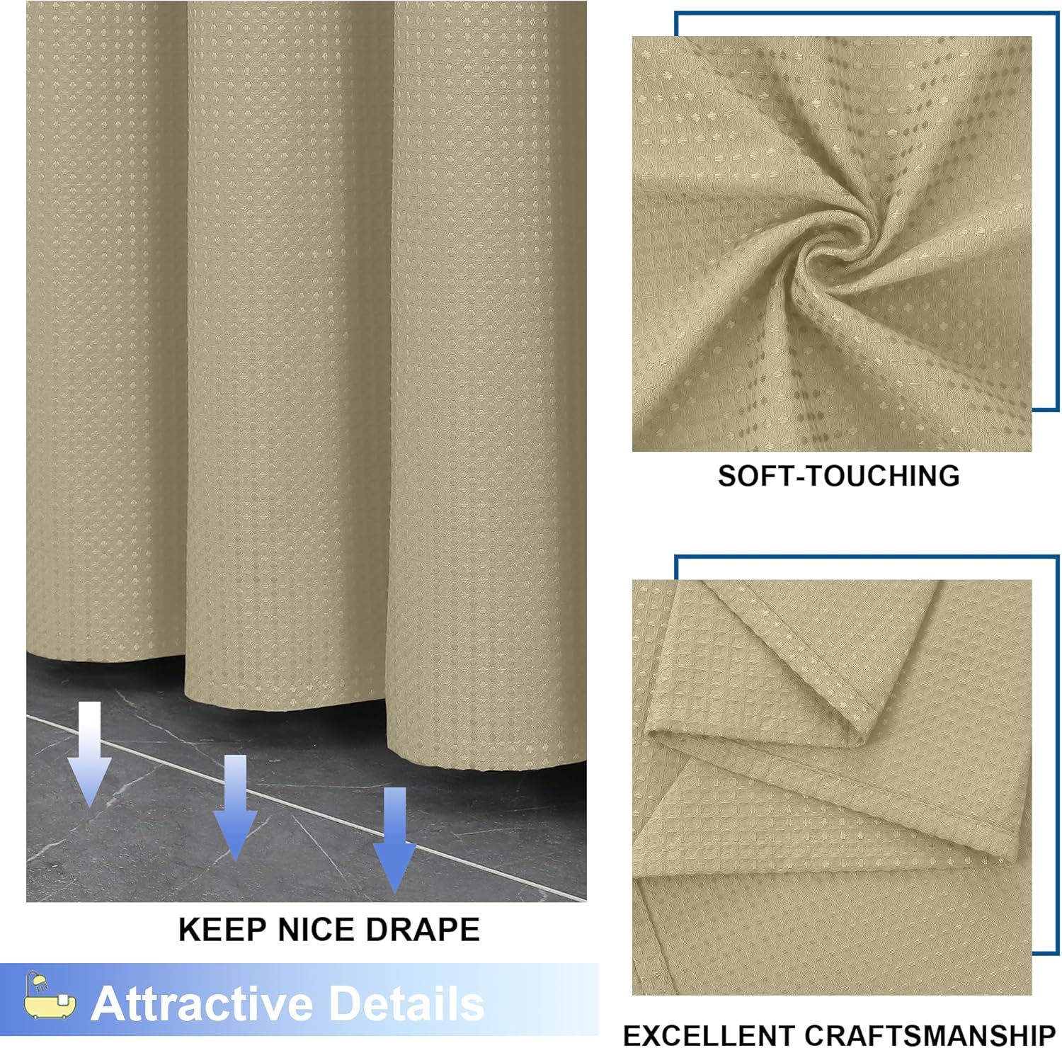 OVZME Extra Long Shower Curtain Set - 84 Inch Long Waffle Weave Heavy Duty Cloth Shower Curtain for Bathroom, Luxury Weighted 230GSM Bath Curtain Set with 12 Plastic Hooks, 72Wx84L, Taupe