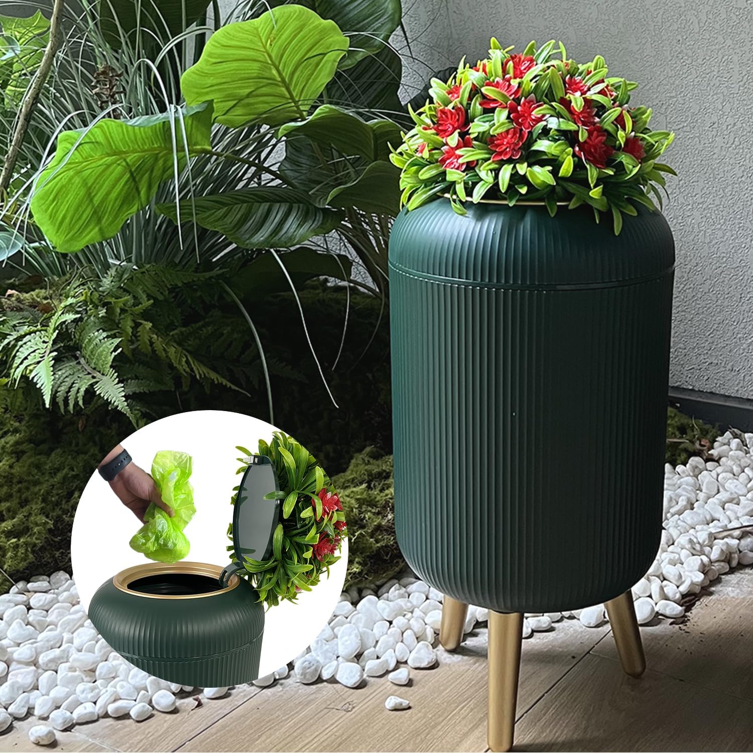 Yatmung Dog Poop Trash Can Outside – 2.5 Gal Outdoor Poop Garbage Can – Small Pet Waste Container with Lid – Front Porch, Backyard, Waste Bin for Dog Poop – Plant Styled Dog Poop Bucket – Green