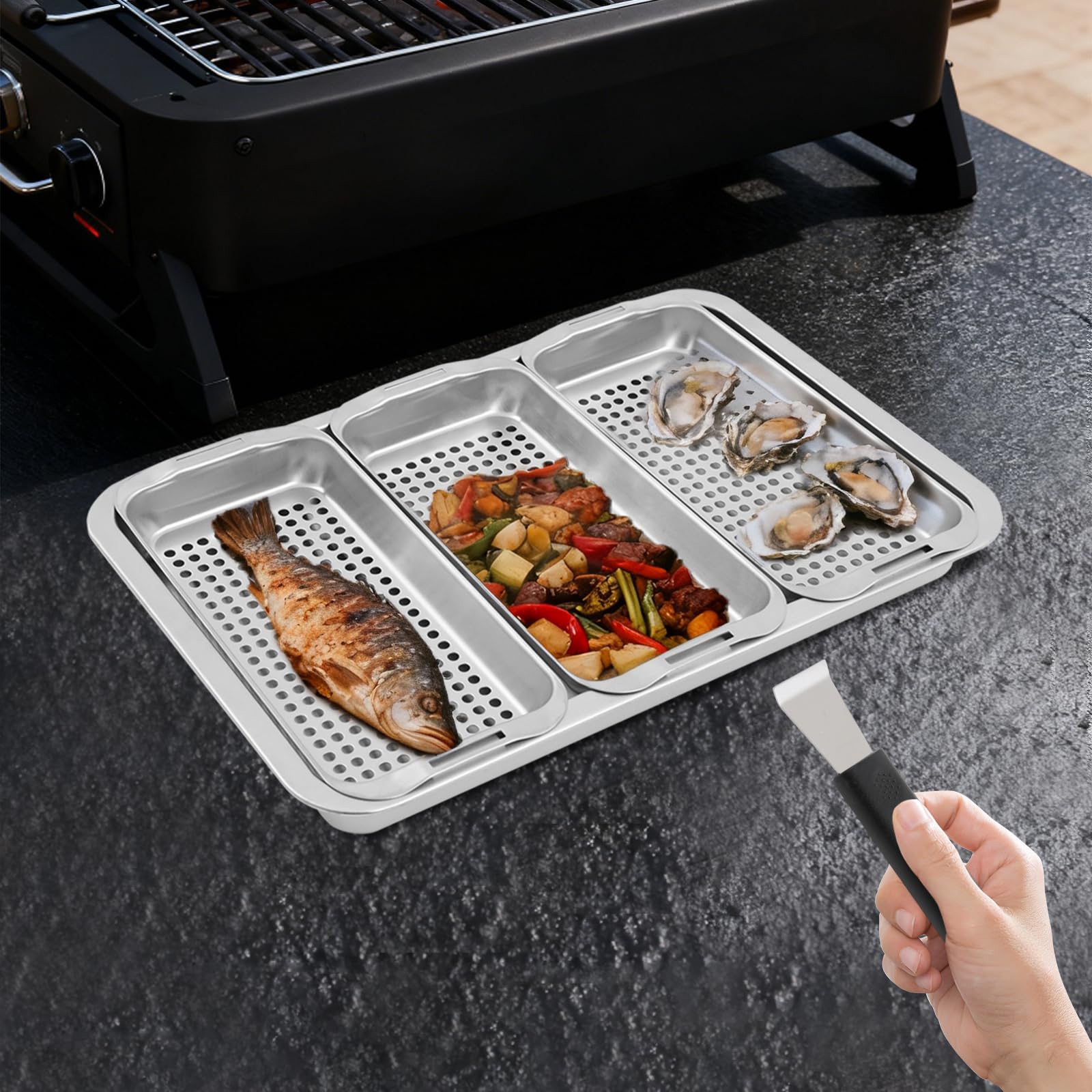 Set di 3 ciotole per barbecue, in acciaio inox, per barbecue, per esterni, accessori per verdure, pesce o carne, griglia per barbecue a gas