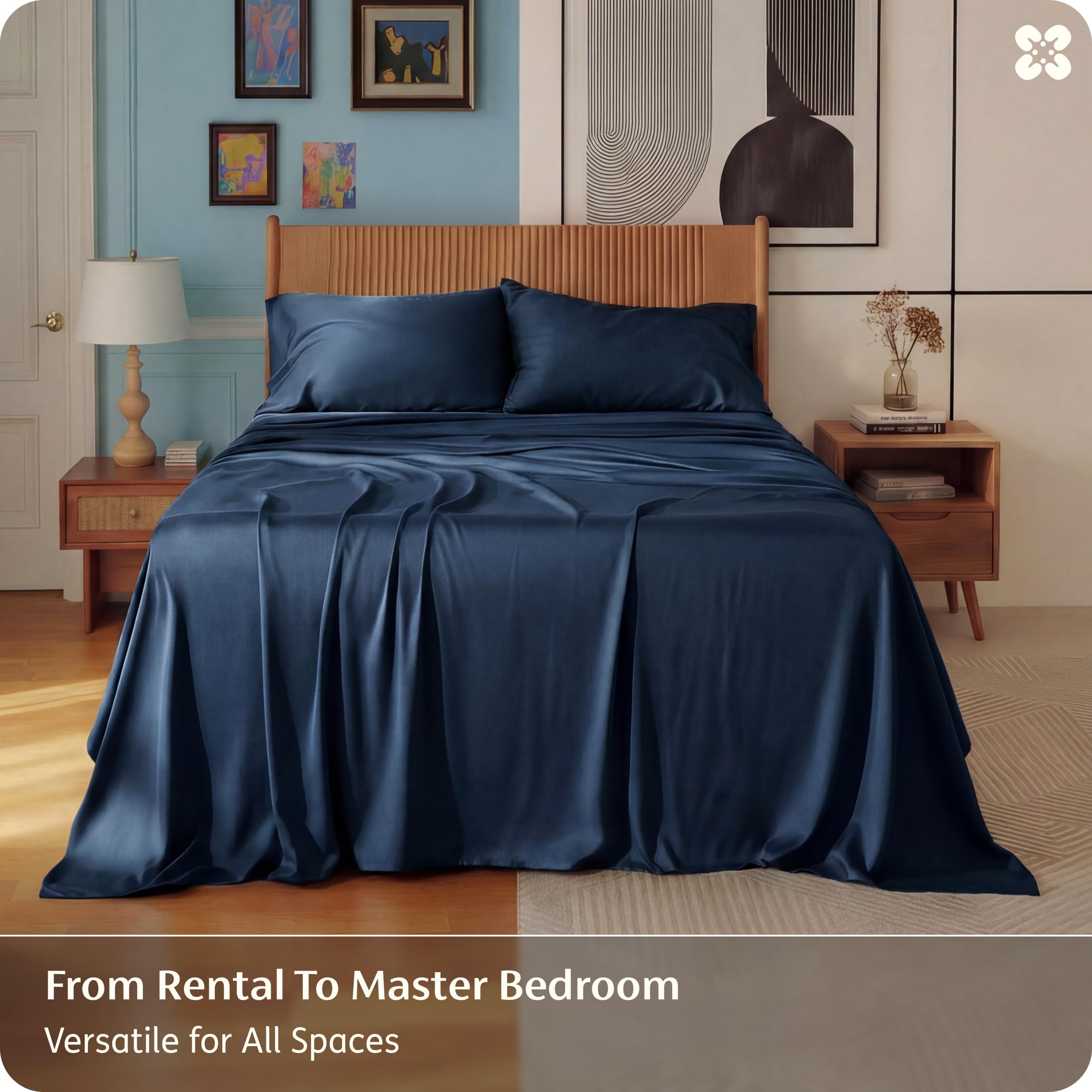 Bedsure King Size Sheets Set, Cooling Sheets for Hot Sleepers, Rayon Derived from Bamboo, PureWoven, Breathable & Soft, Deep Pocket Up to 16 Inches, Hotel Luxury Silky Bedding, Navy - 5