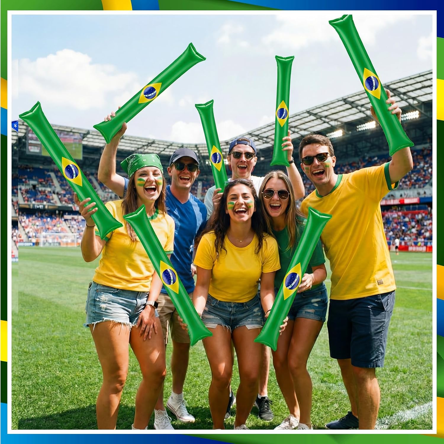 100 Pcs Brazil Inflatable Cheer Sticks Brazilian Flag Thunder Boom Sticks Cheerleading Spirit Noise Makers for Football Games Sports Events Carnaval Parades Indoor Outdoor Party Supplies