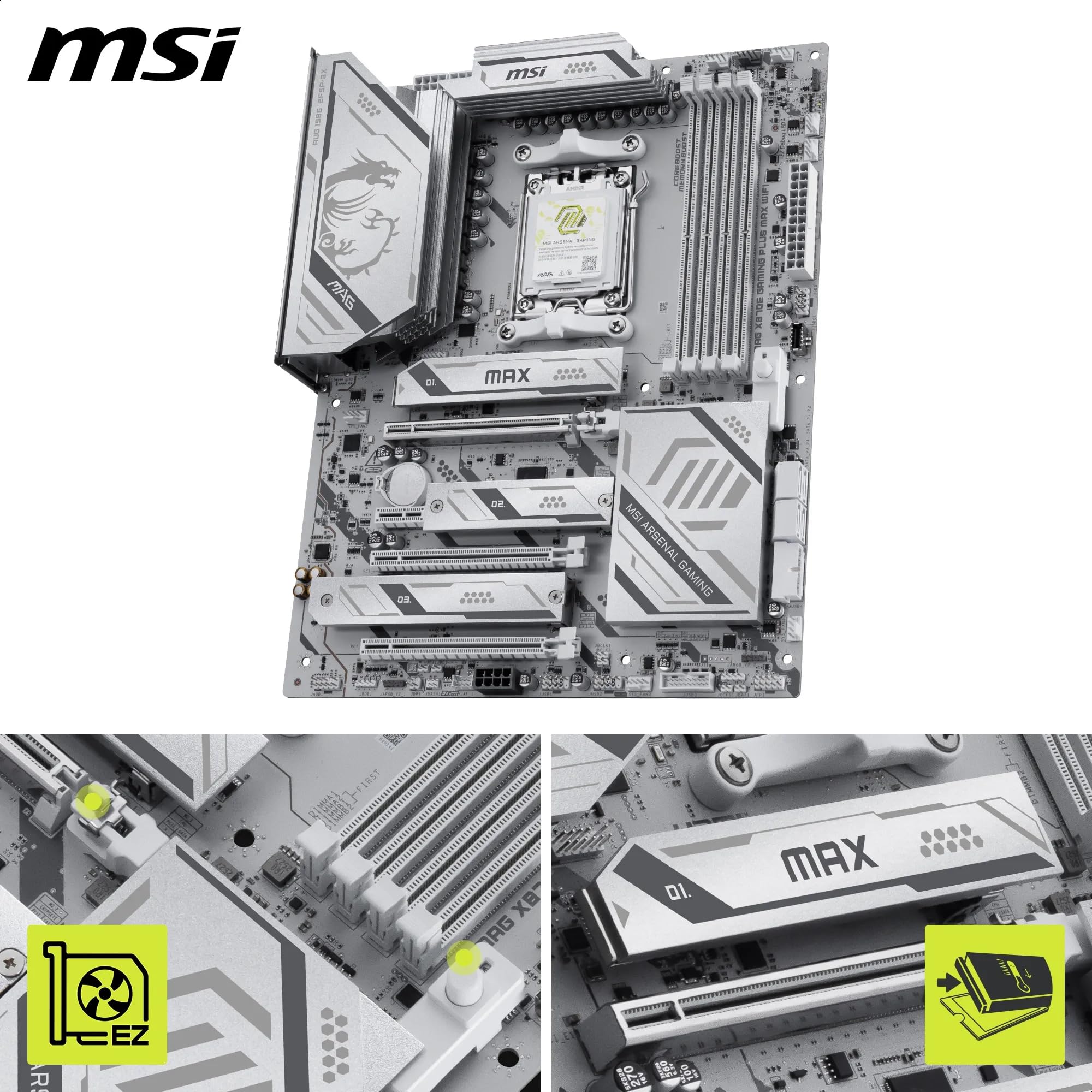 MSI MAG X870E Gaming Plus Max WiFi Carte mère ATX - pour processeurs AMD Ryzen 9000/8000 / 7000, AM5 - VRM SPS 60A, DDR5 Memory Boost (8200+ MT/s OC), PCIe 5.0 x16, M.2 Gen5, Wi-FI 7, 5G LAN