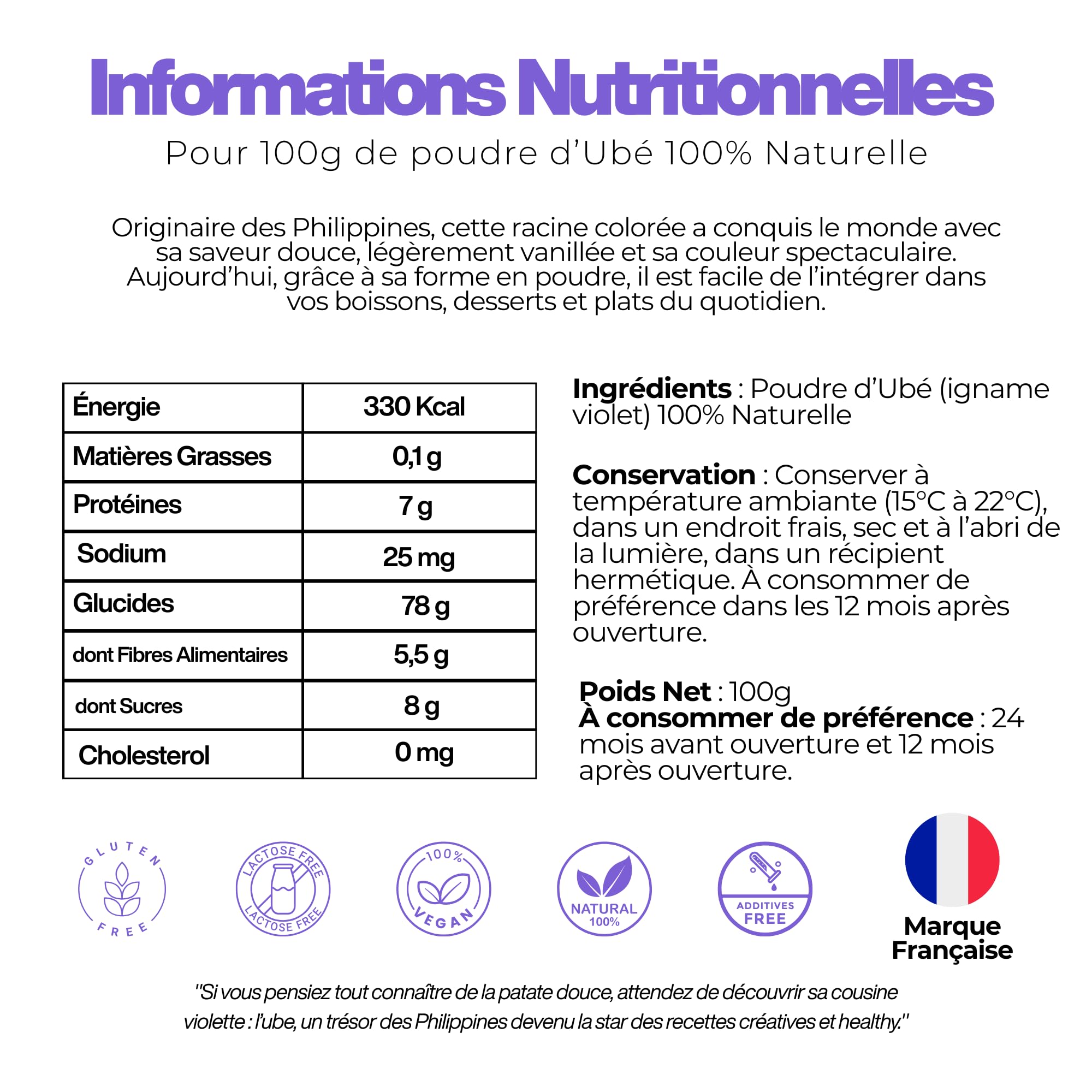 UBE PREMIUM - Ube Poudre 100% Naturelle et Authentique Qualité Premium– (200 g) Igname Violet (Dioscorea alata) – Ube Latte, Glaces, Bubble Tea & Desserts – Vegan, Sans Gluten, Colorant Naturel