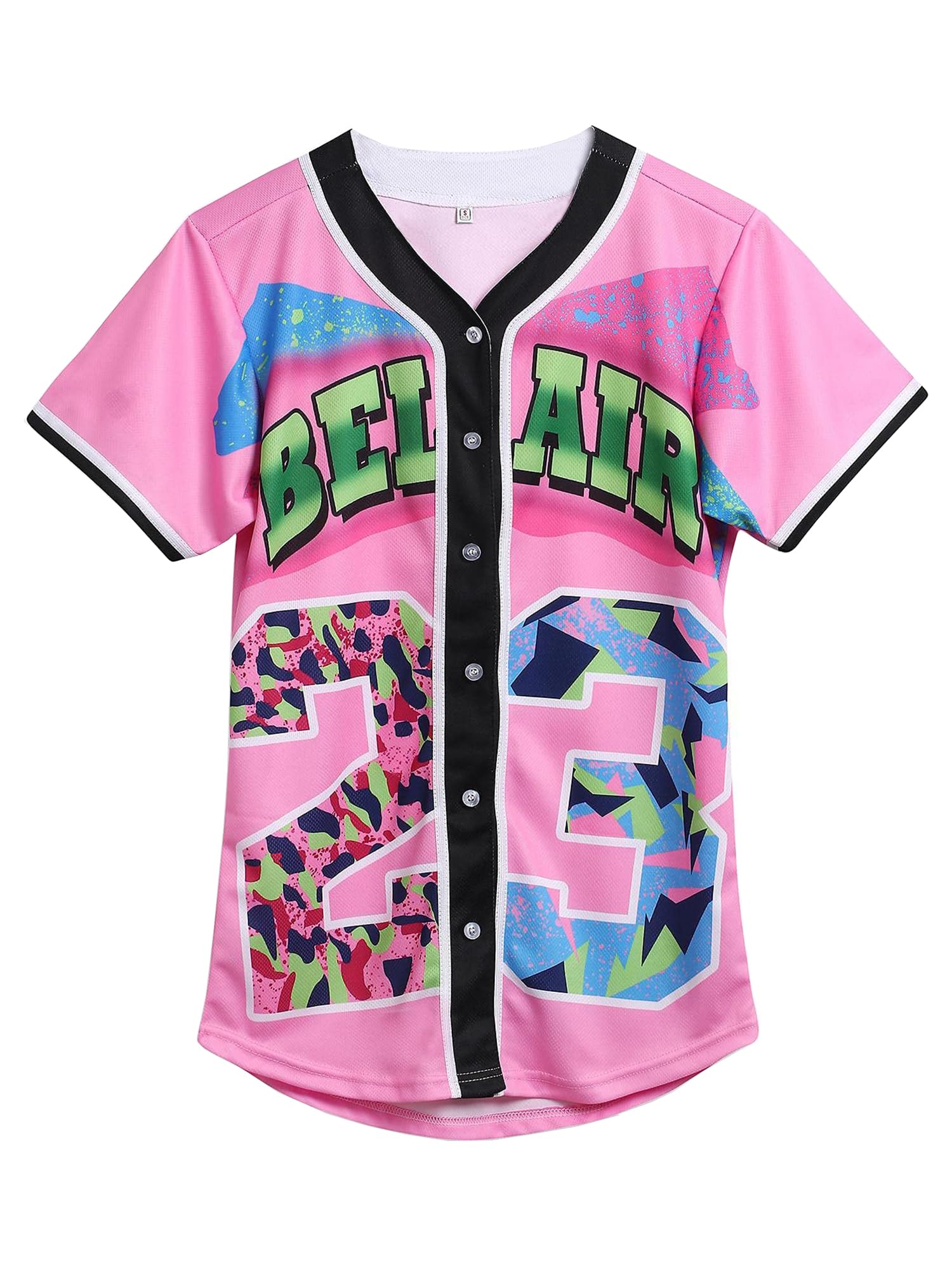 Amzdest 90s Clothing for Women, Unisex Hip Hop Party, Bel Air 23 Baseball Jersey Short Sleeve Button Down Shirt (23Pink, Large)