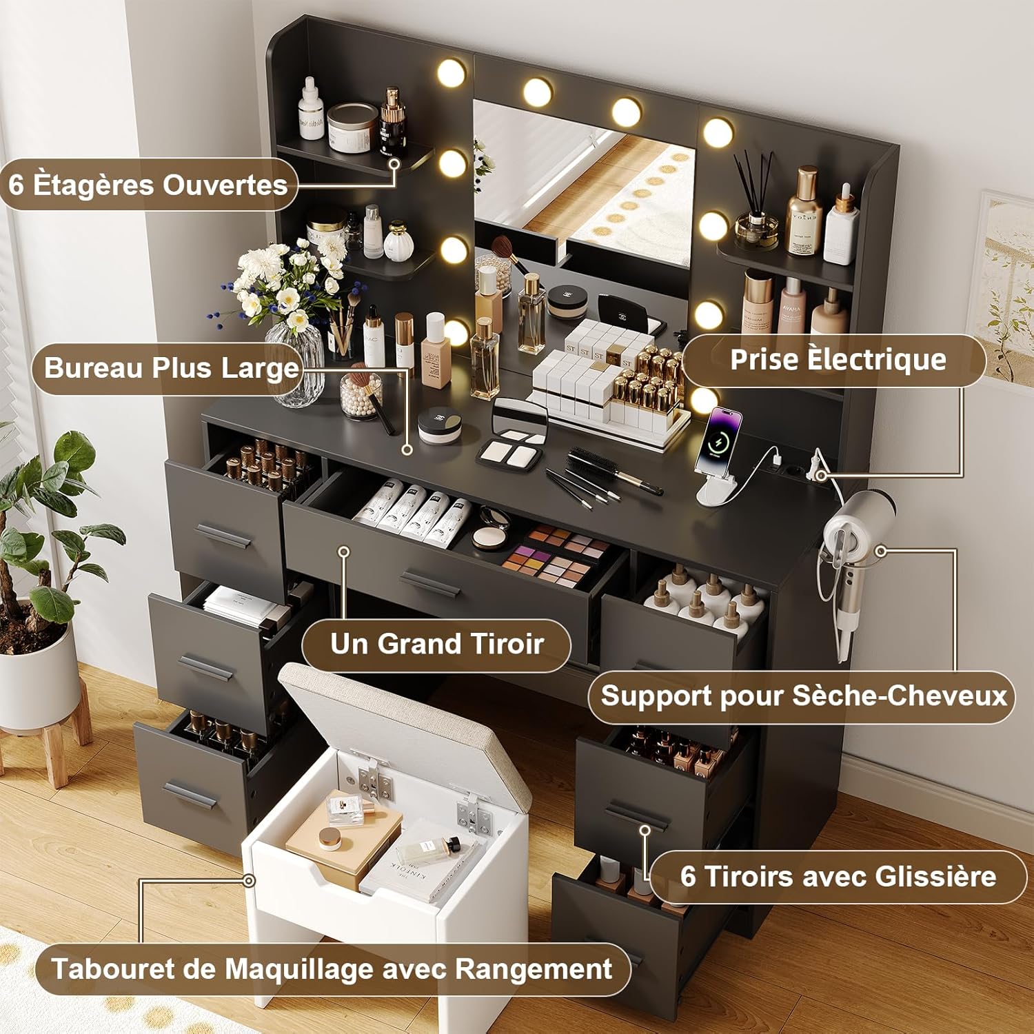 Diagram showing detailed dimensions of the vanity table and its components