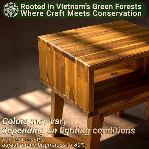 Miniatura 8 de Acacia Serena - Mesita de noche de madera maciza con estante de almacenamiento abierto, mesita de noche de madera, mesitas de noche para dormitorio,