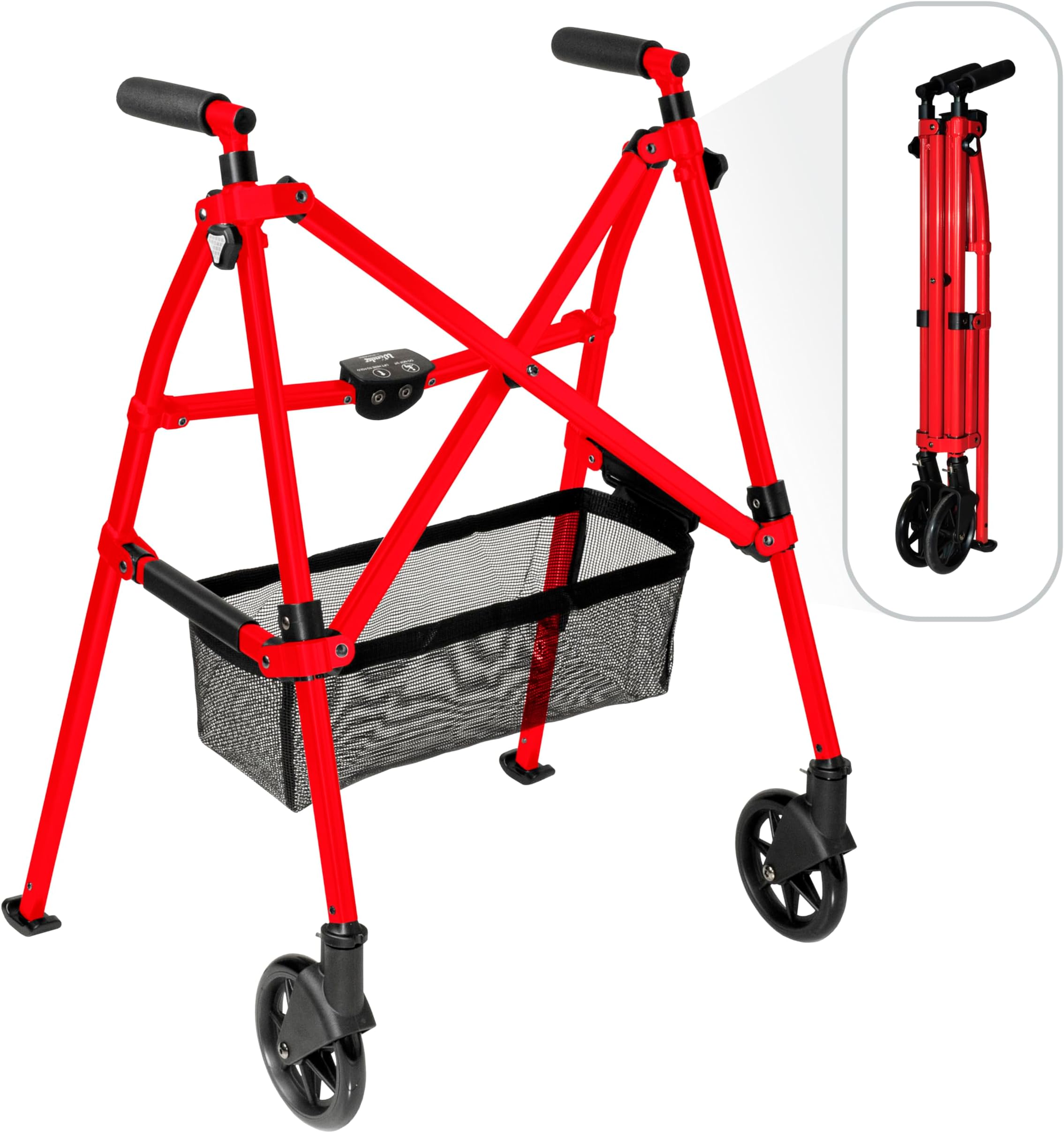 Stander Wonder Walker Plus, Lightweight Folding Mobility Aid for Adults, Seniors, and Elderly, Collapsible Travel EZ Fold-N-Go with Wheels, Glides, & Basket, Sport Red