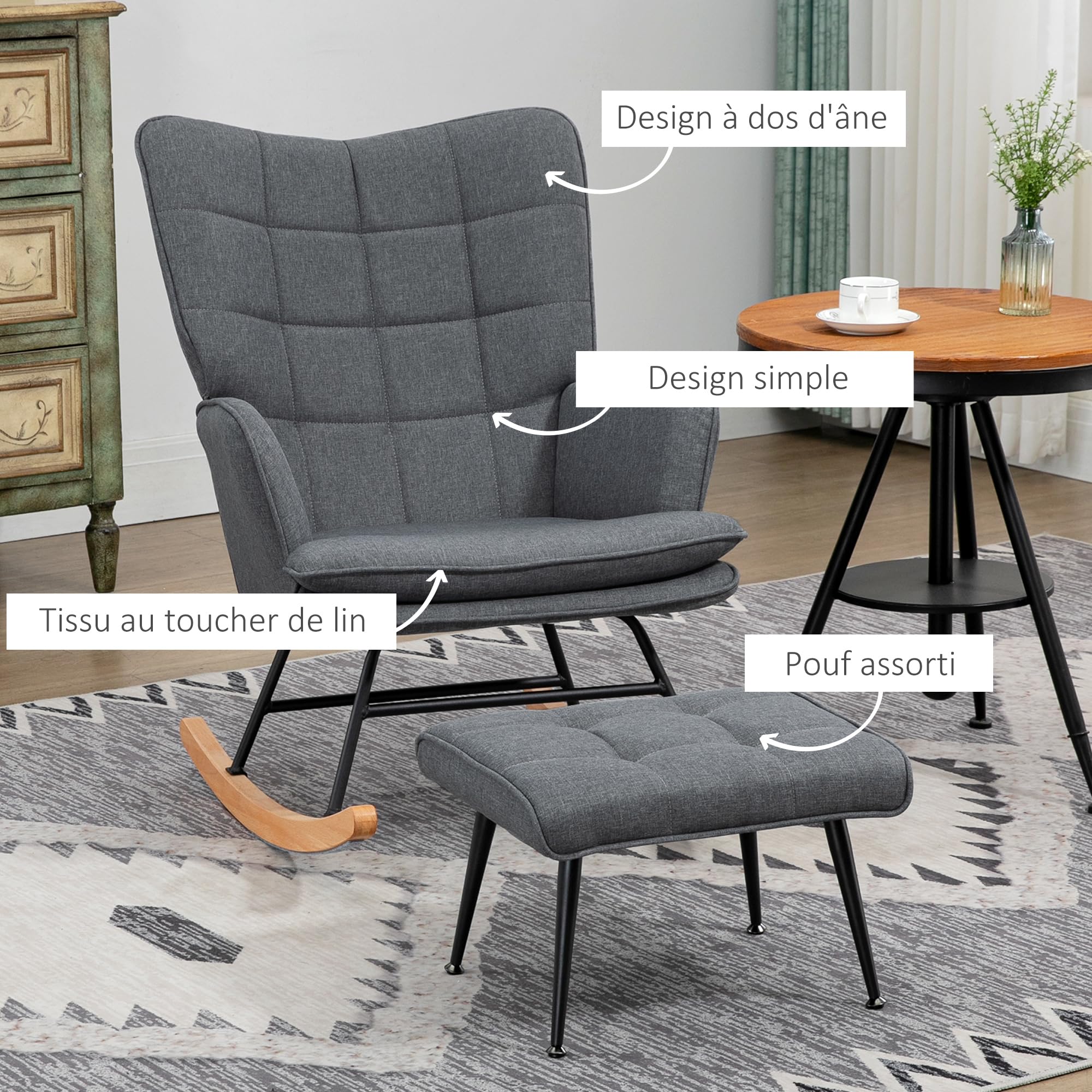 HOMCOM Fauteuil à Bascule avec Repose-Pieds, Rocking Chair en Tissu Aspect Lin, Assise Large, Dossier Haut, Coussin Inclus, Chaise à Bascule pour Salon, Chambre, Gris