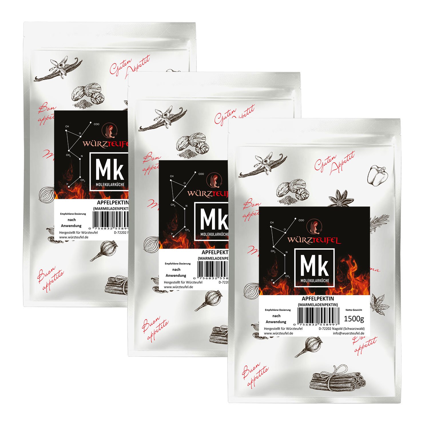 Würzteufel - reines, natürliches Marmeladenpektin E440ii (amidiertes Pektin). 3 XL Beutel je 1500g. (4,5 KG)
