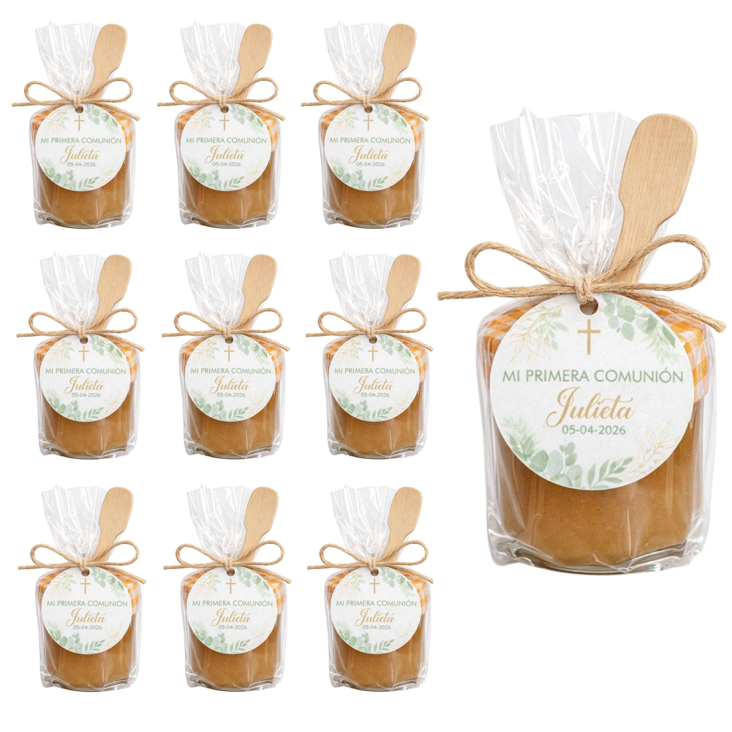 Mini Mermeladas Caseras Personalizadas - Pack 20 Unidades - Detalles para Bodas, Comuniones y Bautizos - 40g, Sabores Surtidos - Sin Gluten - con Cucharita - Producto de España