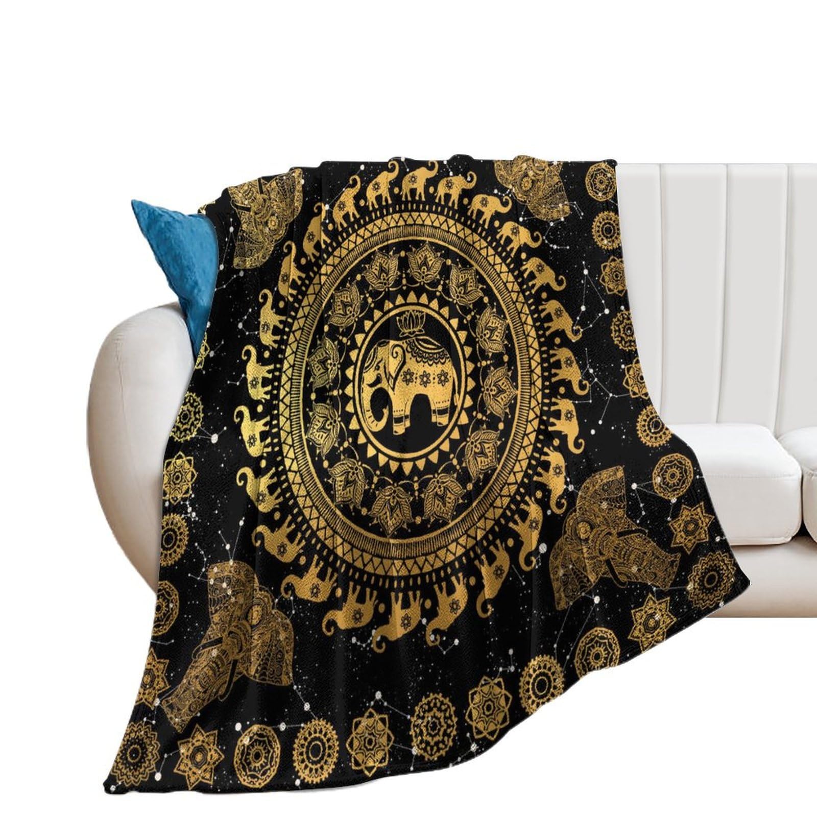 COALHO Fantasy Boho Indian Wildlife Elephant Throw Sofa Couch Fluffy Warm Blanket Rustic Watercolor Mandala Space Galaxy Star Print Blanket Bed Plush Throw Flannel Throw-80W×100L CM