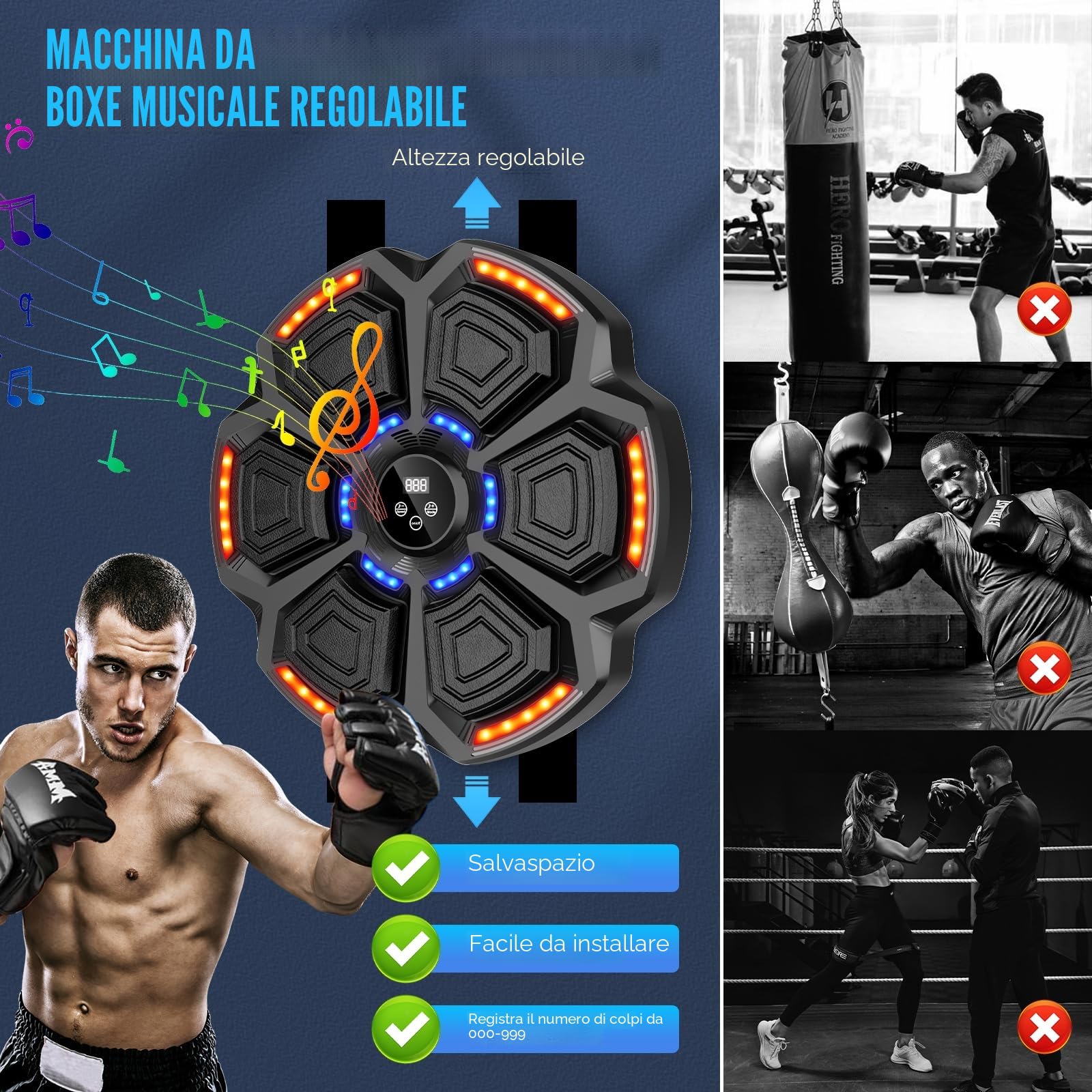 Music boxing machine, bersaglio da boxe musicale a parete, Smart LED, Bluetooth, con guantoni da boxe, con 9 velocità e modalità di conteggio, per adulti e bambini
