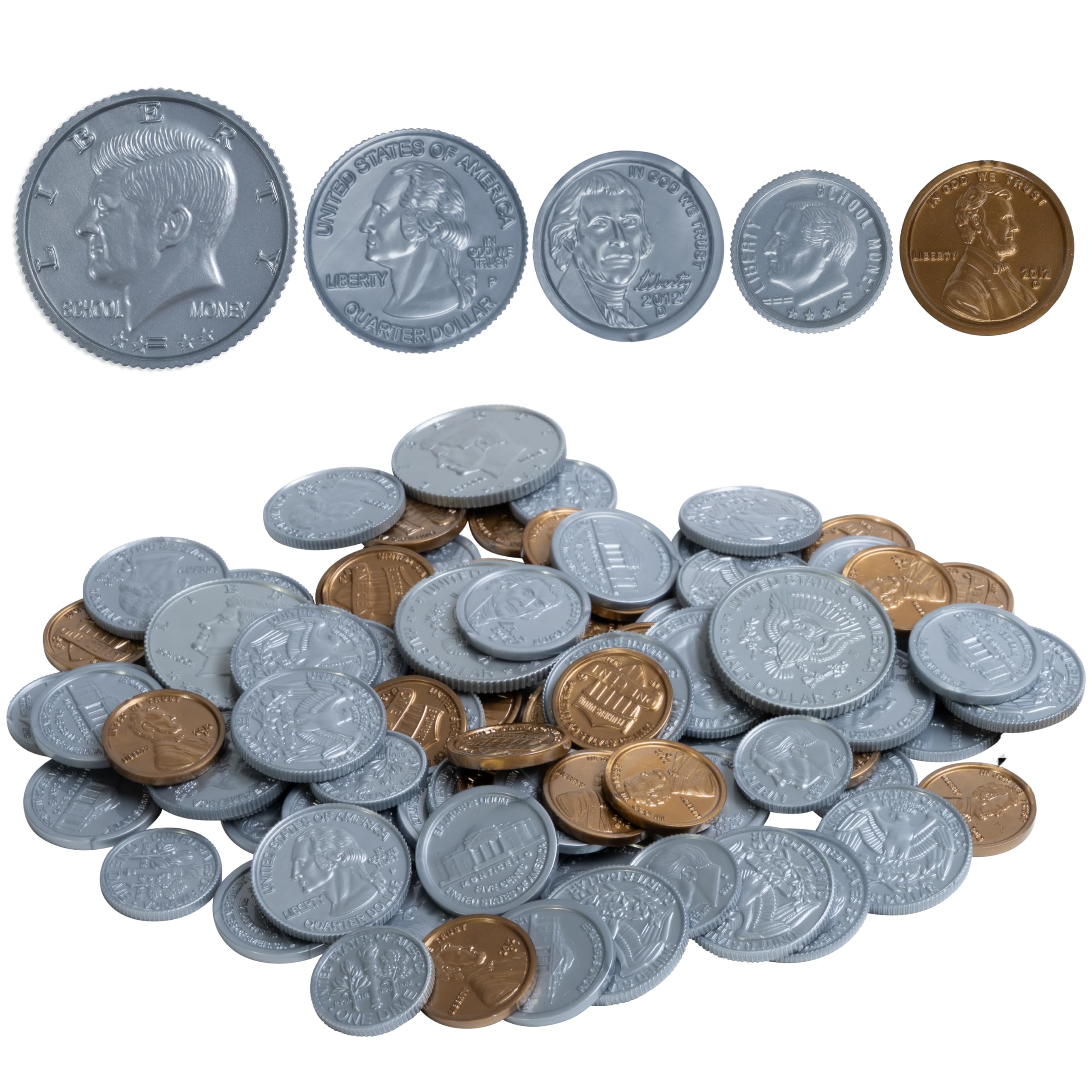 LEARNING ADVANTAGE Play Coin Set - 30 Pennies, 20 Nickels, 20 Dimes, 20 Quarters and 4 Half-Dollars - Realistic Coins for Pretend Play