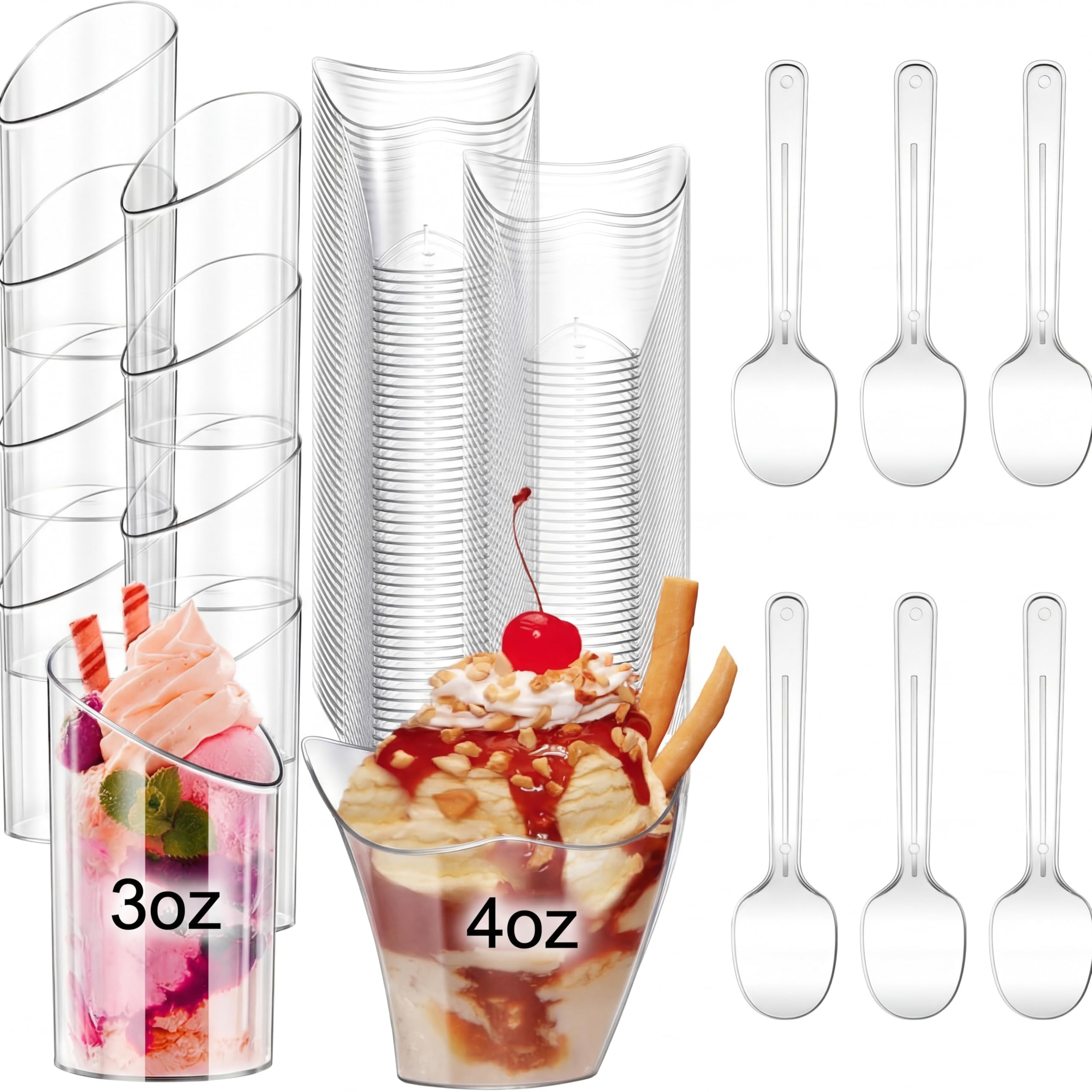 Paquete de 300 mini vasos de postre con cucharas, de plástico transparente, taza redonda inclinada para postres, copa cuadrada de corazón, tazas de parfait transparentes para tiradores de fiesta (3