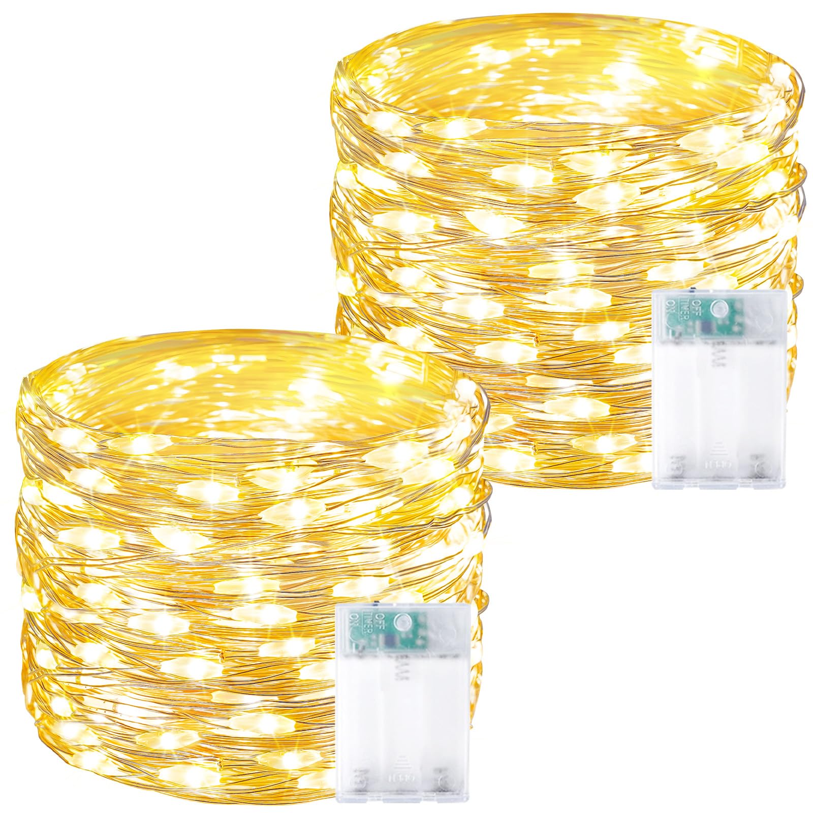 2 Pack Warm White Fairy Lights Battery Operated, 60 LED Waterproof Twinkle Lights, Silver Copper Wire with Timer Warm White Fairy Lights for Christmas Wedding Patio Party Indoor Outdoor