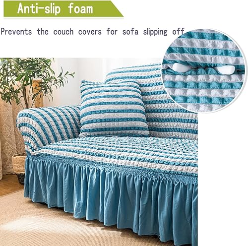 Miniatura 4 de Funda elástica para sofá, funda protectora de muebles lavable, con parte inferior elástica y falda para niños y mascotas (azul a rayas, extragrande)