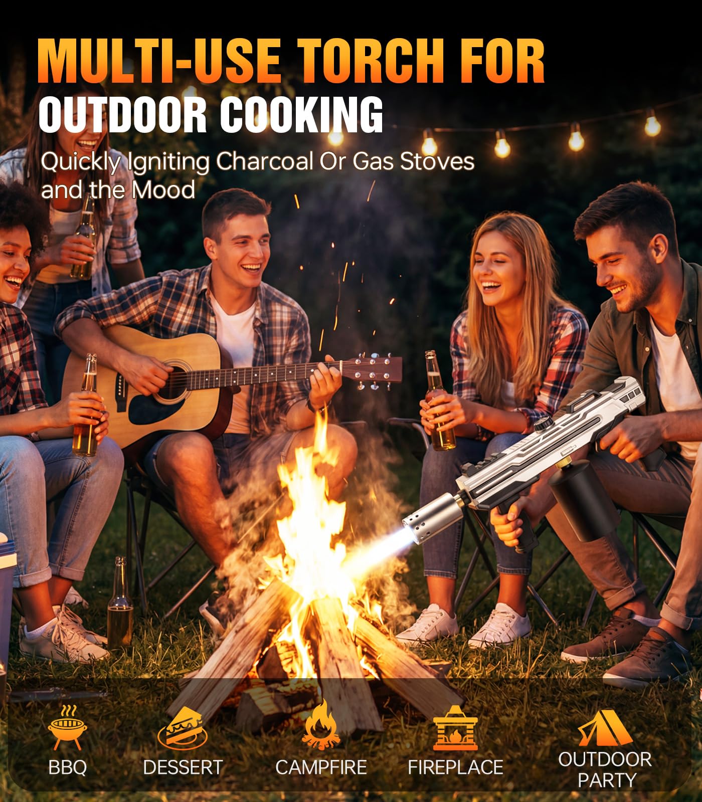 Potente pistola de antorcha para parrilla, soplete ajustable para barbacoa, camping, encendedor de carbón y encendedor de fuego, tanque no incluido (plateado)