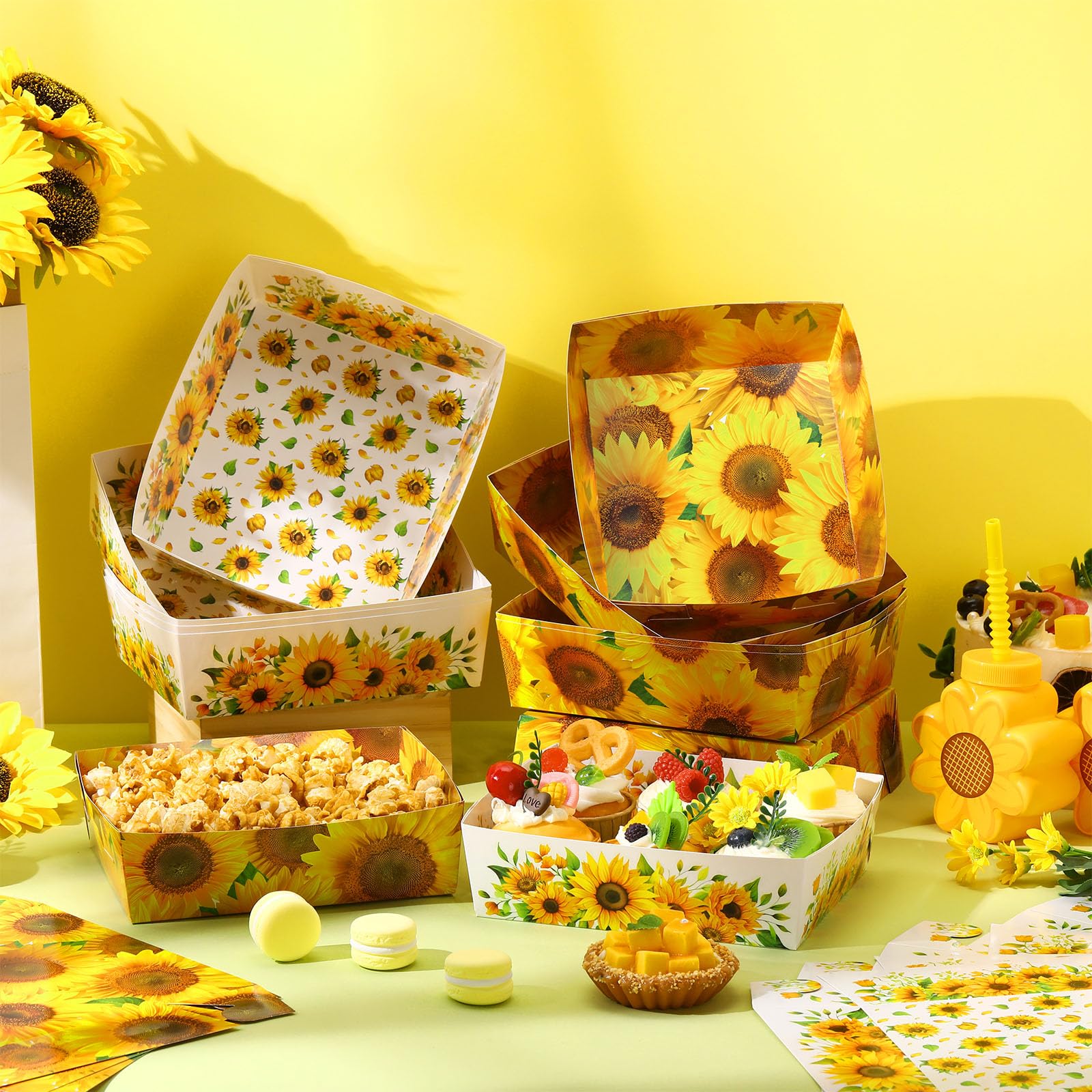 36 Pcs 5 lb Sunflower Party Supplies Yellow Sunflower Nacho Boats Large Thick Paper Serving Snack Trays for Tea Party Birthday Baby Shower Bridal Shower