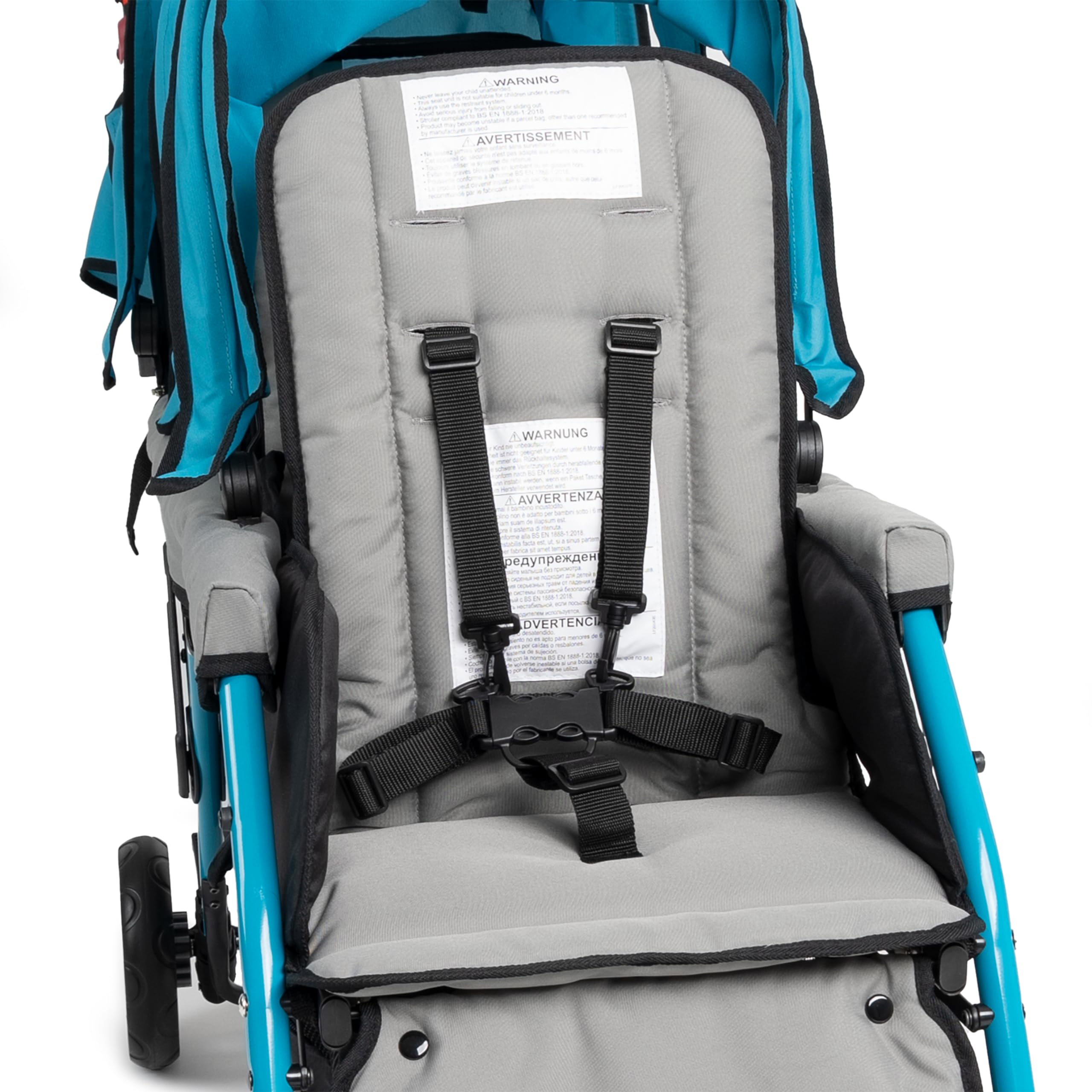 GAGGLE - Compass | Poussette triple turquoise | Poussette 3 places, pliable, facile à ranger - de 6 mois à 4 ans - Harnais 5 points ajustable | Sièges ajustables | Pare-soleil