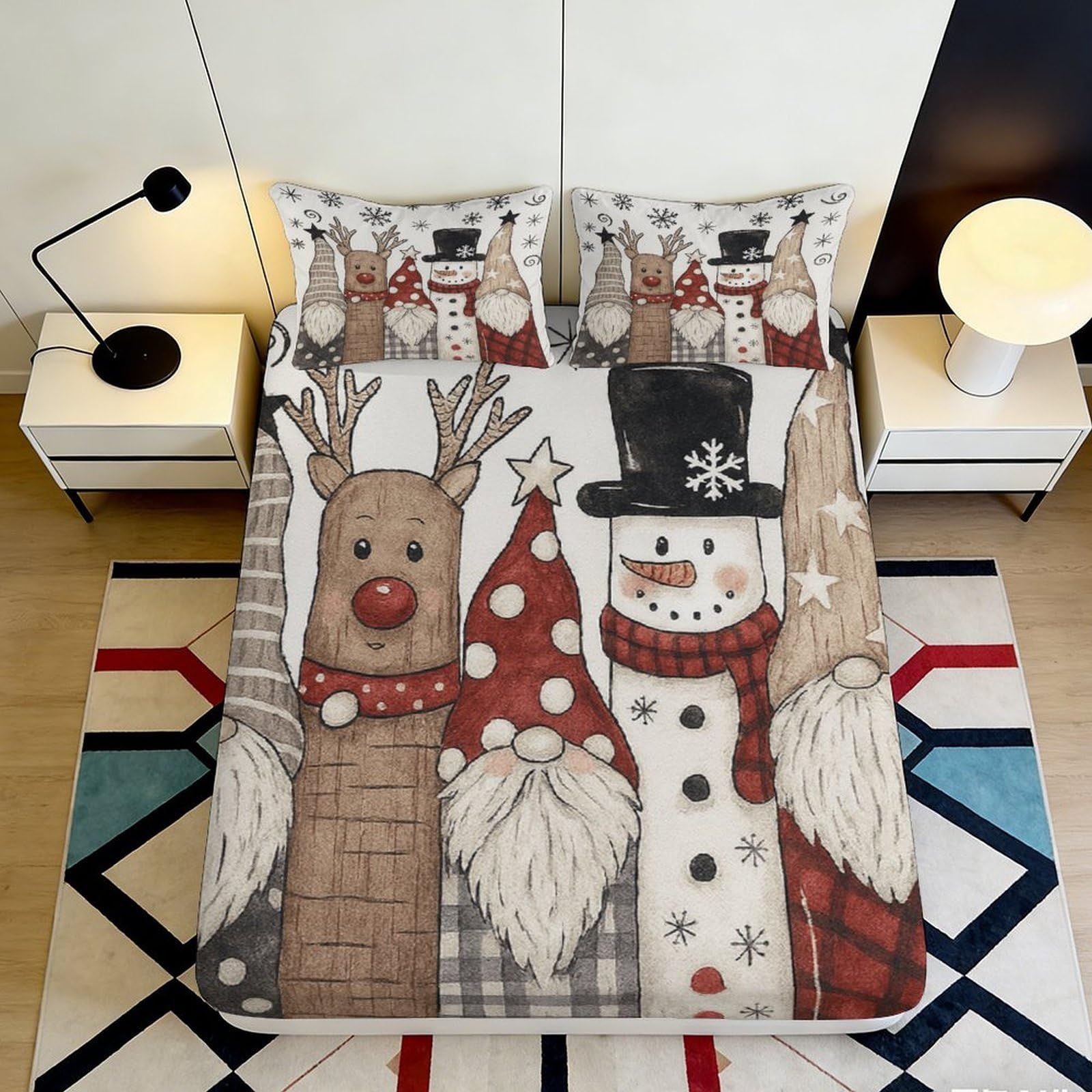 3D Printed Christmas Reindeer Fitted Sheet Microfiber Soft Snowman Mattress Cover for Bedroom Guest Room Bed Decor 140x200x25cm