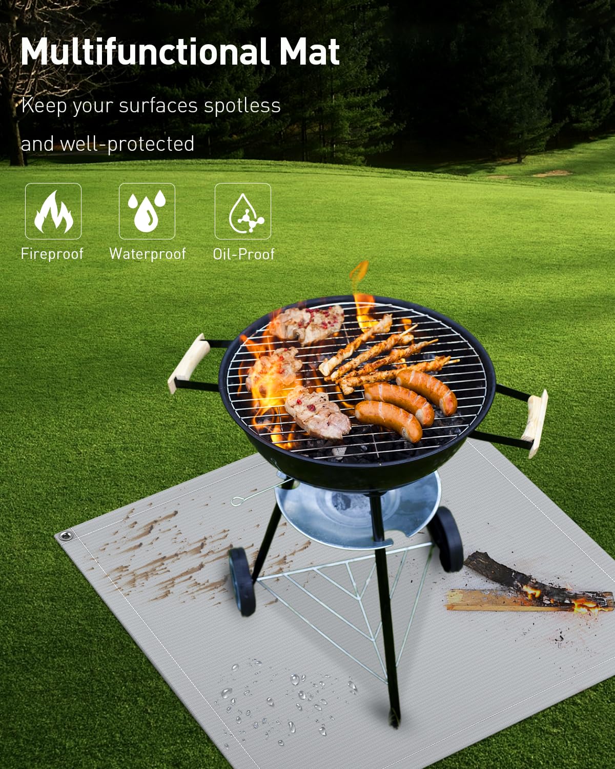 Pawfly Tappetini per Grigliate all'aperto, Tappetino per Grigliate Ignifugo da 137 cm x 137 cm, Resistente al Calore e Impermeabile per Barbecue e Caminetti, per Prati, Terrazze e Patii all'esterno