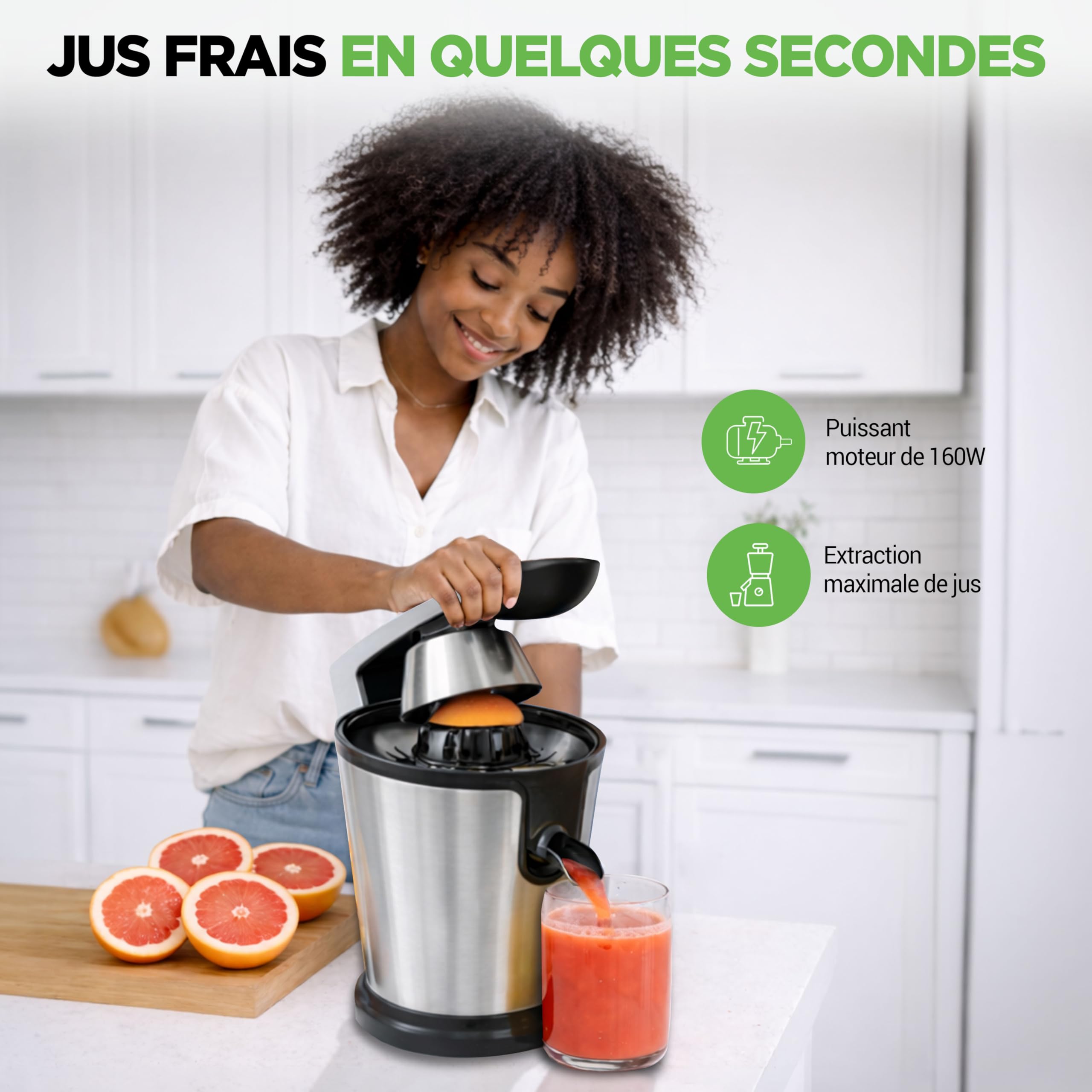 NutriChef Presse-Agrumes Électrique en Acier Inoxydable – Presse-Jus 160W, Presse-Agrumes & Machine à Jus – Facile à Nettoyer – Inclut Poignée & Cône pour Extraction Maximale de Jus