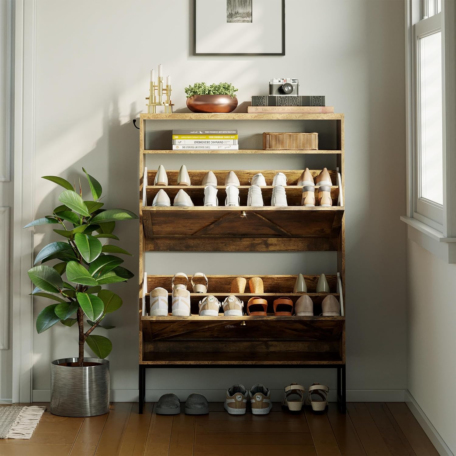 Shoe Storage Cabinet with 2 Flip-Up Doors, Freestanding Hidden Shoe Storage Organizer with Open Storage & Hooks, Narrow Wooden Entryway Shoe Rack for Front Door Entrance, Hallway, Foyer, Rustic Brown