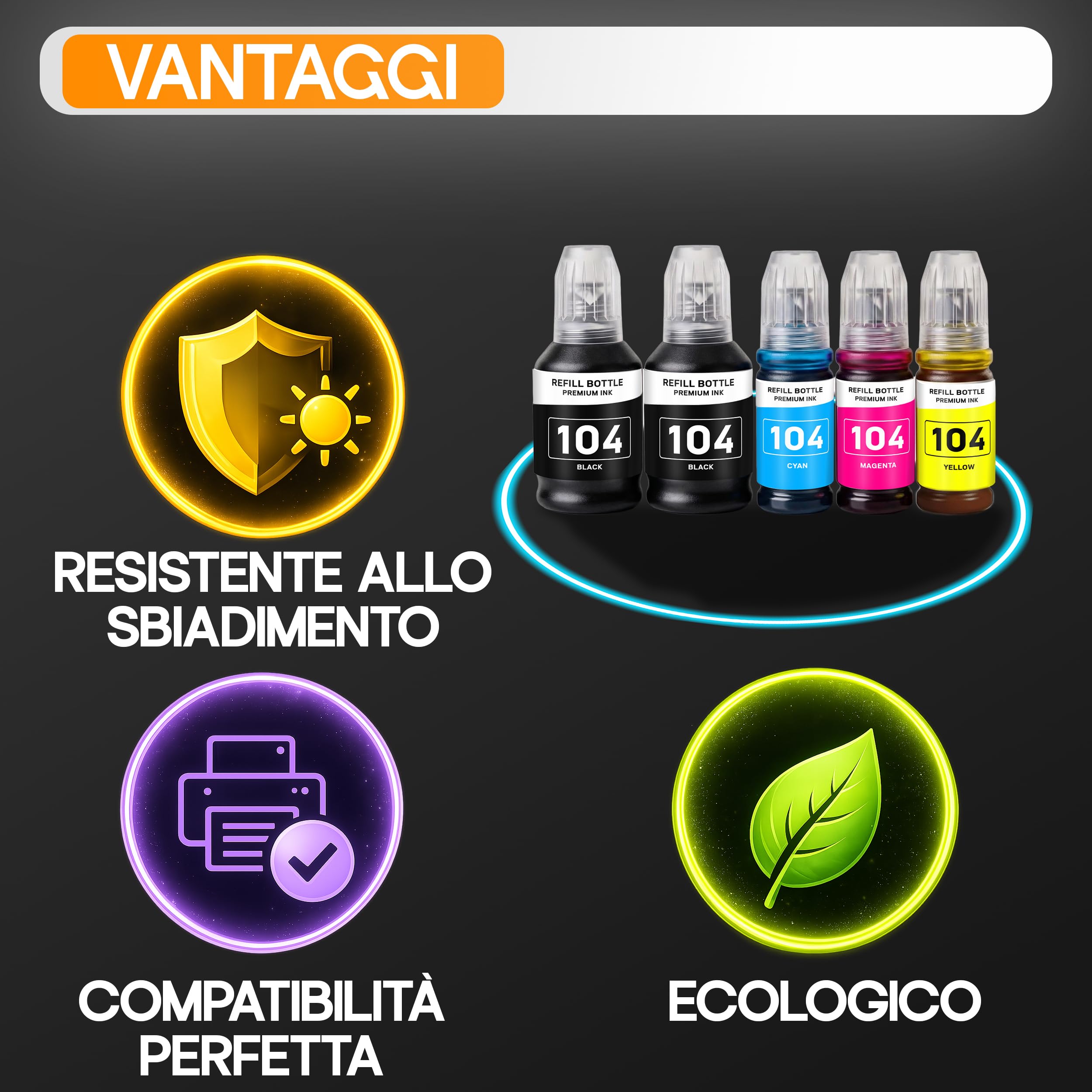 Supply Guy Inchiostro 104 compatibile con Epson 104 Flaconi di Inchiostro per EcoTank ET-4800 ET-2812 ET-2871 ET-2870 ET-2810 ET-2811 ET-2815 ET-2821 ET-2710 ET-2711 (Multipack 5)
