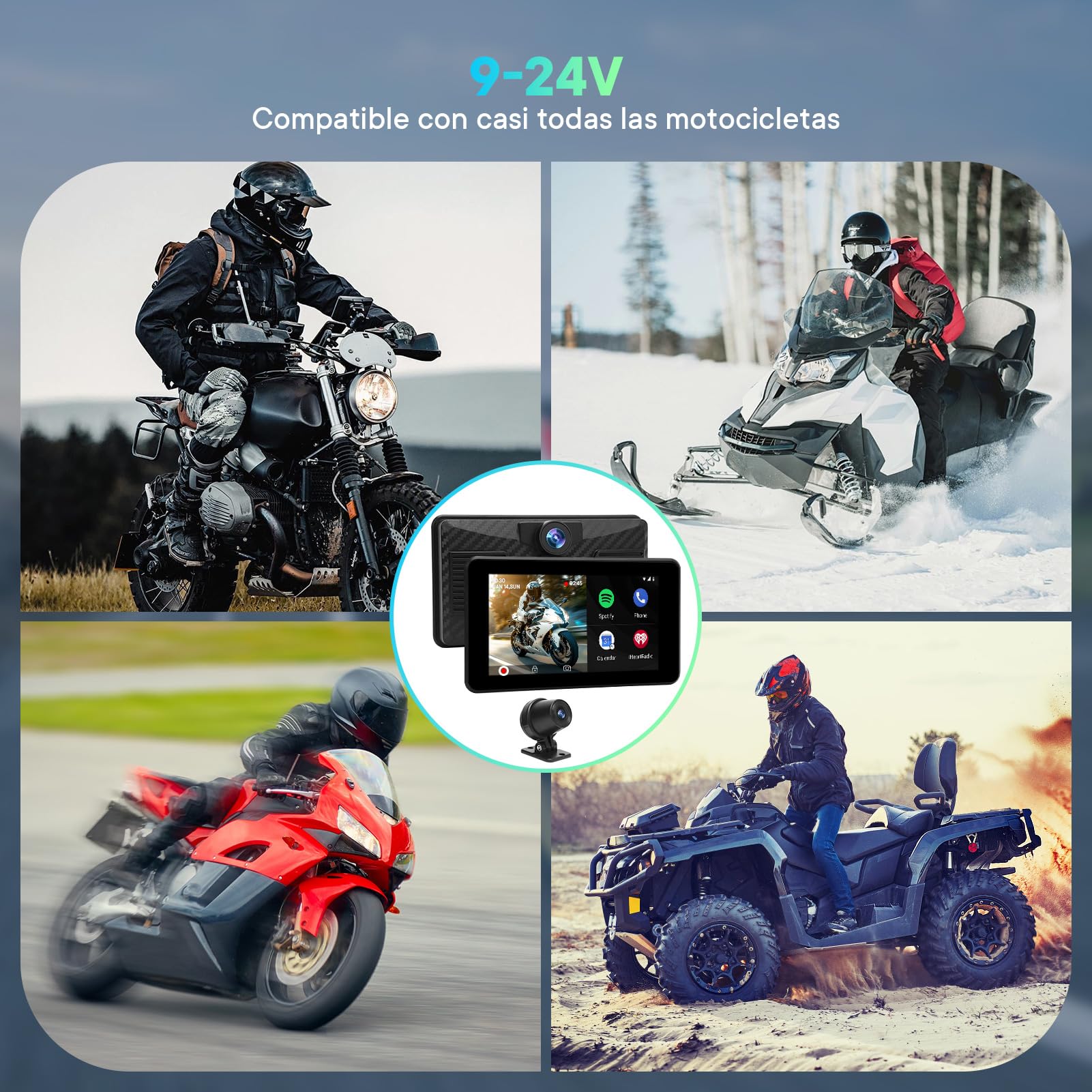Pantalla Carplay Moto 5'' Impermeable IPX8, Navegador GPS con Carplay y Android Auto, Bluetooth 5.0, Cámara Frontal y Trasera 1080P para Moto