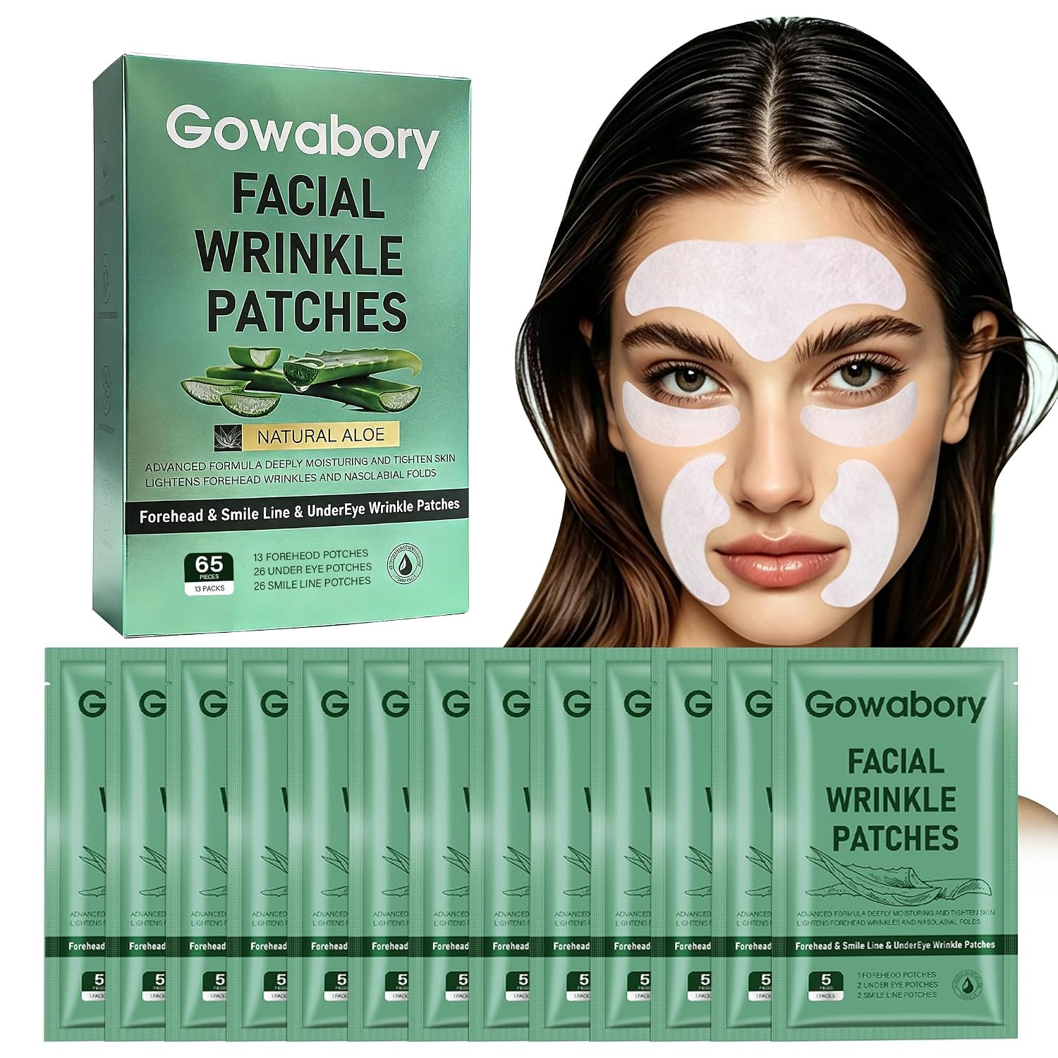 Facial Wrinkle Patches for Forehead, Under Eye & Smile Lines, 65 Patches Infused with Hyaluronic Acid, Collagen & Peptides, Overnight Hydrating Skincare