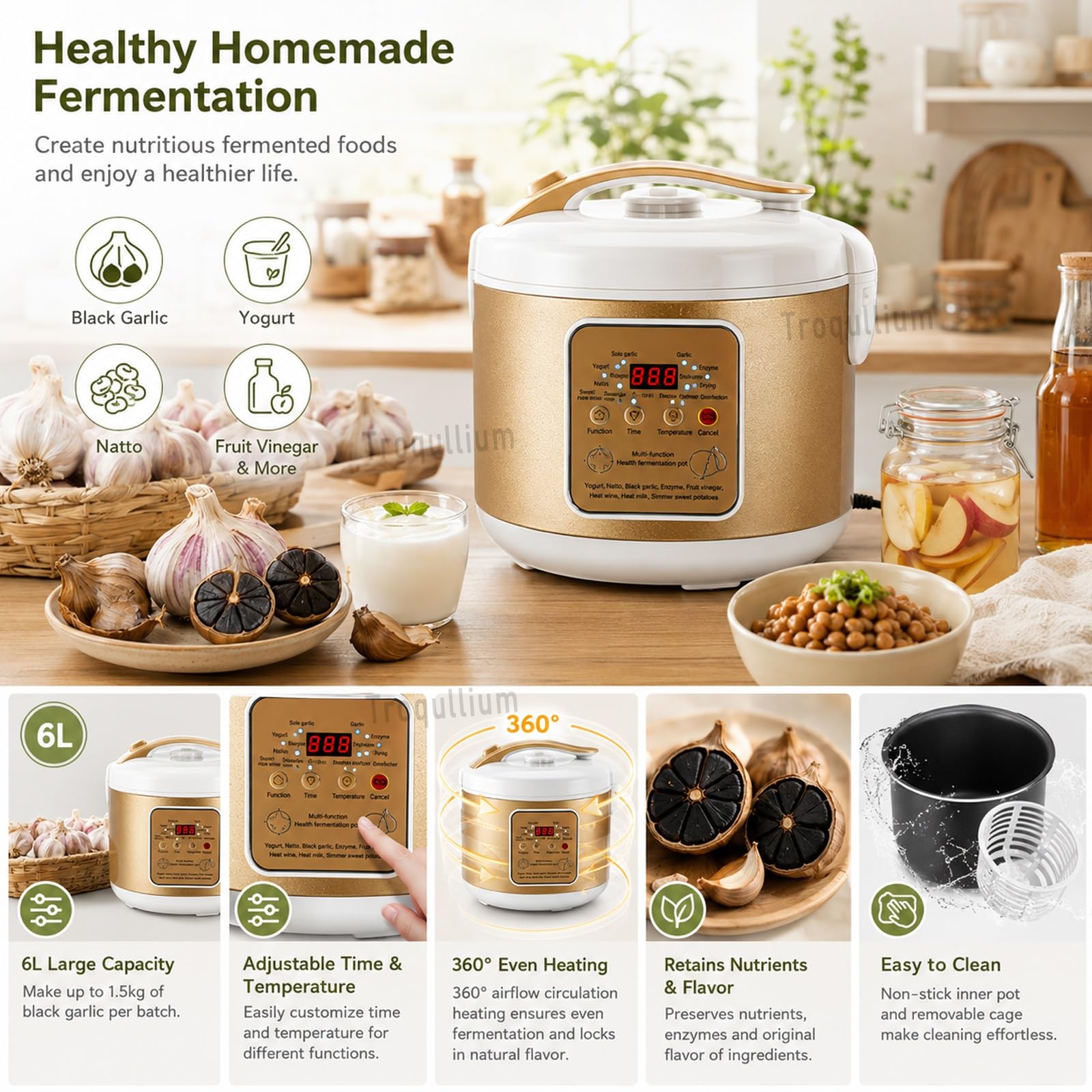 Fermentatore Automatico for Aglio Nero,Vaso Interno in Lega di Alluminio a Doppio Strato da 6litri,Controllo preciso della Temperatura temporale,for natto,Yogurt,Kimchi,Vino alla Frutta