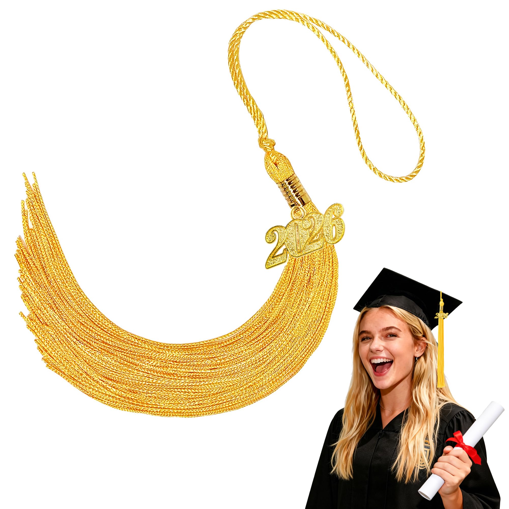 Photo 1 of 2026 Gold Tassel Graduation - Graduation Tassel with 2026 Gold Year Charms for Grad Cap Decorations - Tassels for College, Primary & High School Graduate Hat Ceremonies Accessories
