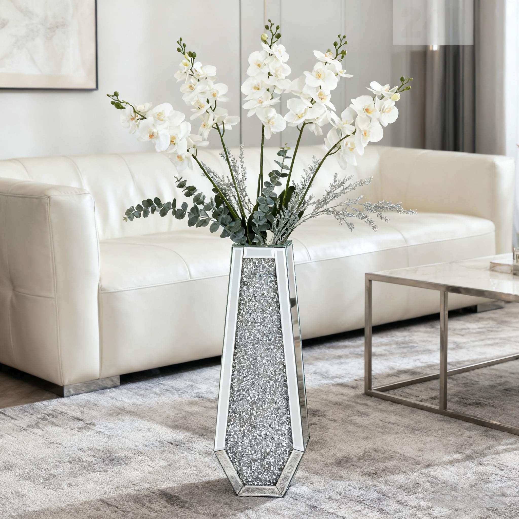 SHYFOY Jarrón alto de diamante triturado, jarrones altos de cristal plateado para decoración de suelo, jarrón de vidrio para decoración del hogar, decoración de oficina, 24 pulgadas