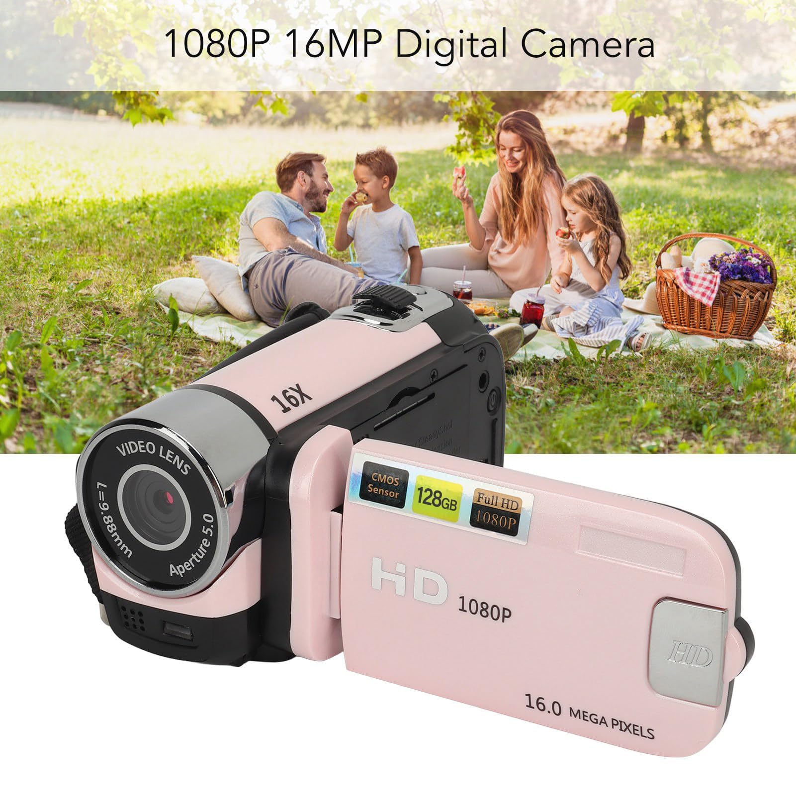 Aparat Cyfrowy HD 1080P, Kamera Wideo do Vlogowania z 16-krotnym Zoomem i 2,4-calowym Obrotowym Ekranem do Robienia zdjęć, Przenośna Kamera do Selfie 16 MP ze światłem (PINK)