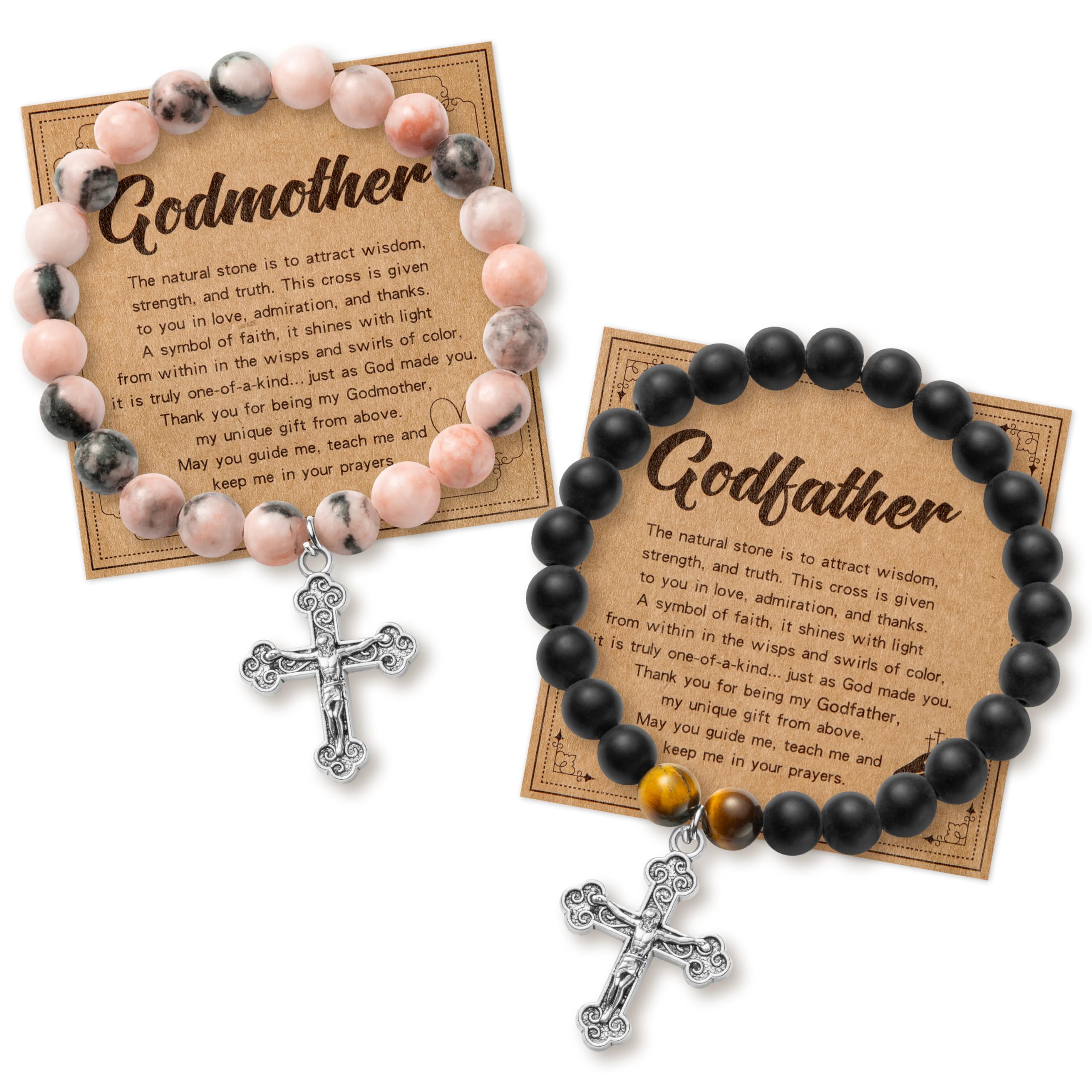 CJiangpo Natural Stone Cross Bracelet for Godparents, Christian Religious Cross Beaded Bracelets Godmother Godfather Proposal Gifts Catholic Jewelry for Christmas Baptism Gifts