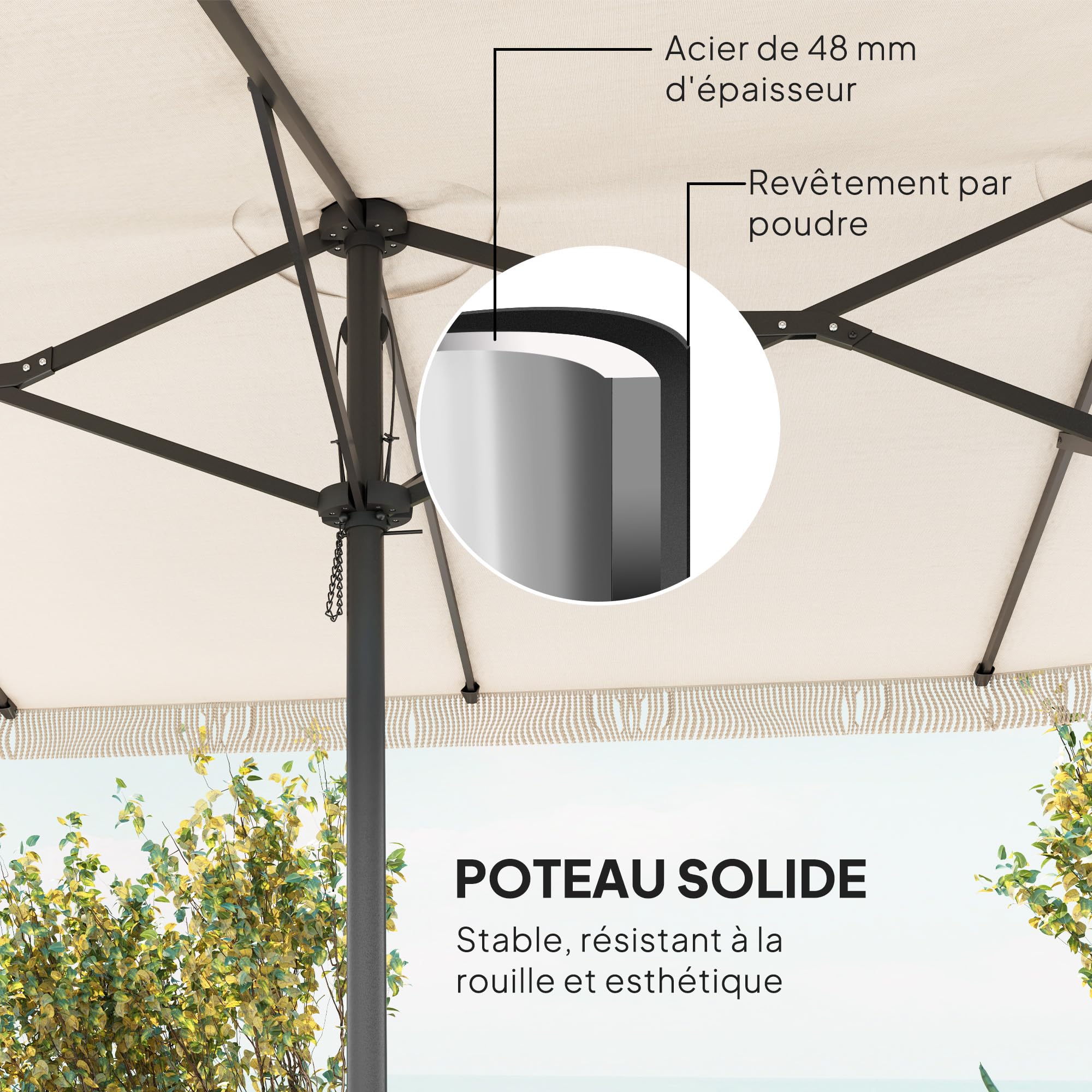 Outsunny Zewnętrzny parasol ogrodowy, podwójny prostokątny, 4,5 x 2,65 x 2,6 m z otworem korbowym i frędzlami, płótno 180 g/m², parasol na balkon, basen, taras, kremowy