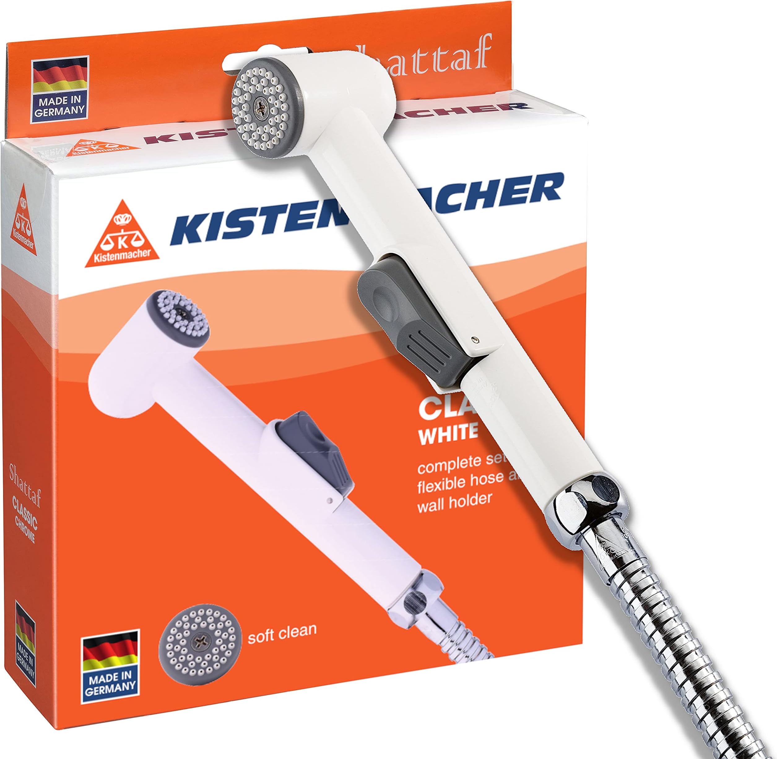 KISTENMACHER Shattaf Toilet Spray CLASSIC, white colour, Set with bidet handle, 100 cm flexible hose and wall holder
