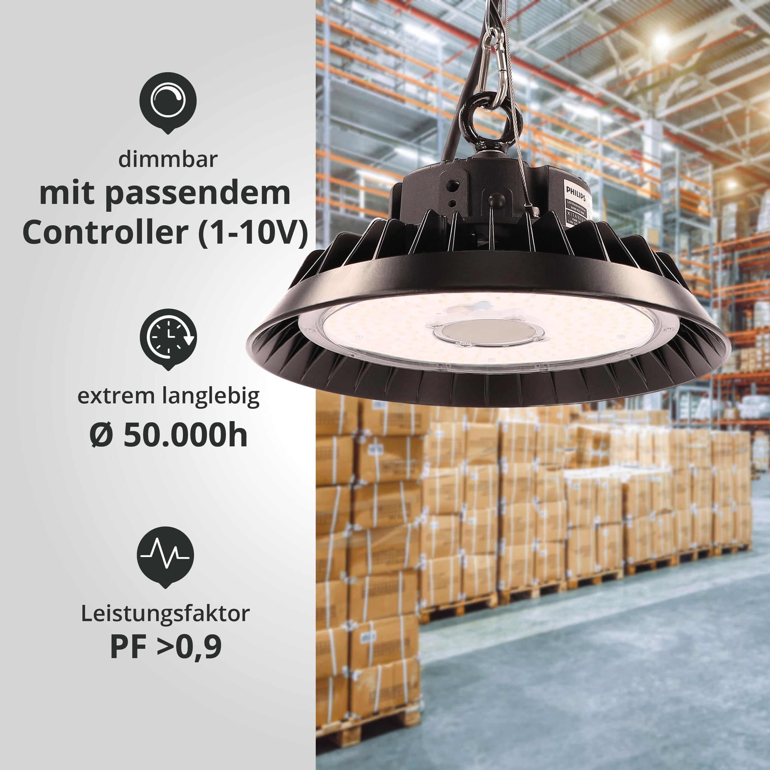 LED High Bay Hallenstrahler 200W mit PREMIUM-Marken-Treiber dimmbar (1-10V) warmweiß 3000K 28.000lm 140lm/W 120° IP65 Industrielampe Werkstattbeleuchtung Ø324xH136mm 5 Jahre Garantie