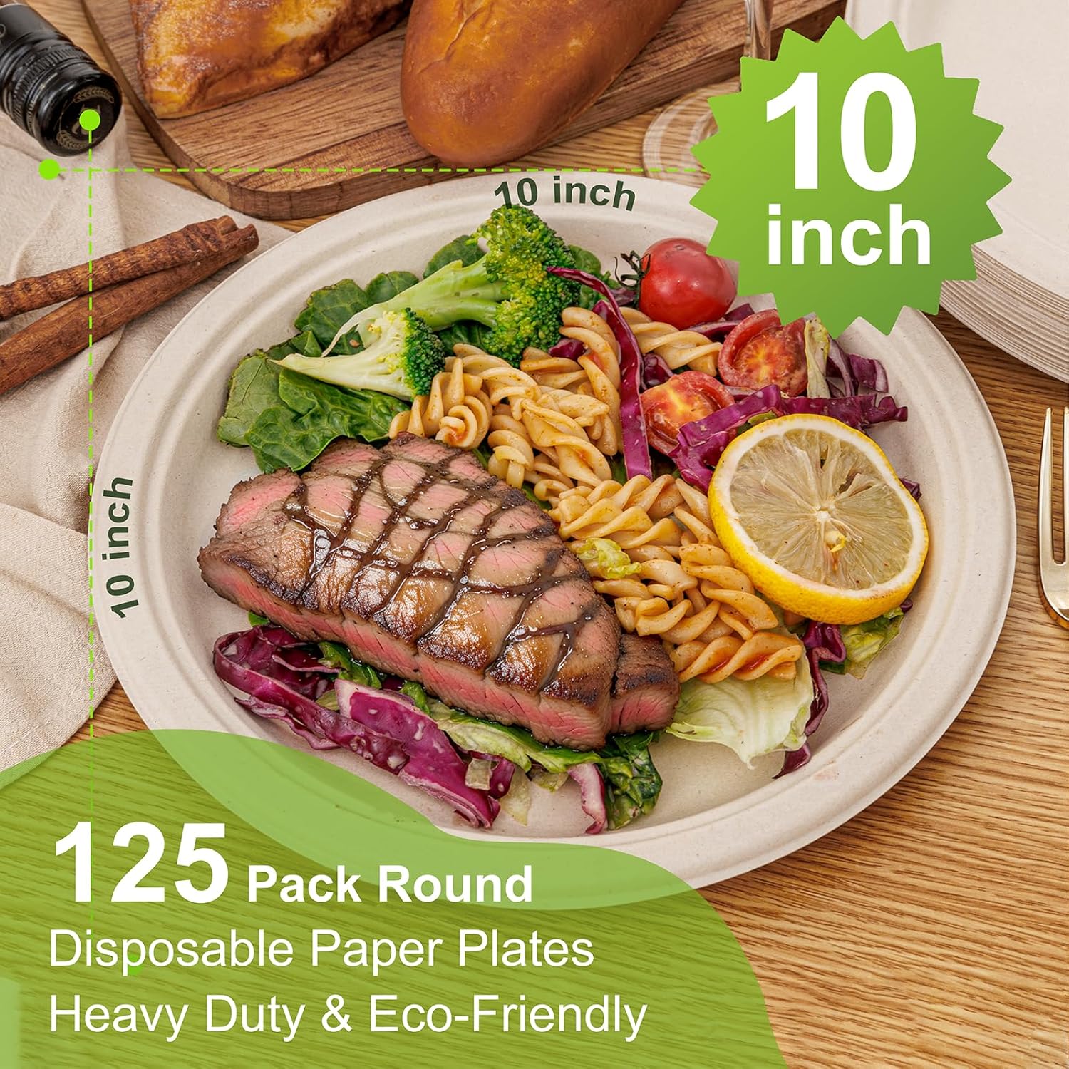 WELLIFE 100% Compostable Paper Plates 10 Inch, 125-Pack Heavy Duty Paper Plates Bulk,Biodegradable Bagasse,Eco-Friendly Disposable Dinner Plate for BBQ,Picnic,Party (BPI Certified,Microwaveable) - Image 2