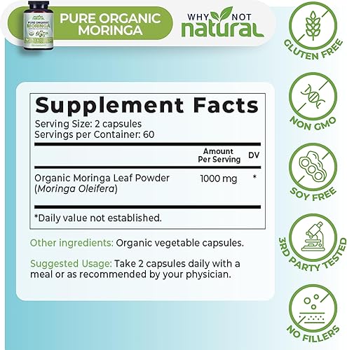 Miniatura 4 de Why Not Natural Cápsulas de Moringa Orgánica - Píldoras de suplemento en polvo de superalimento verde - Maringa